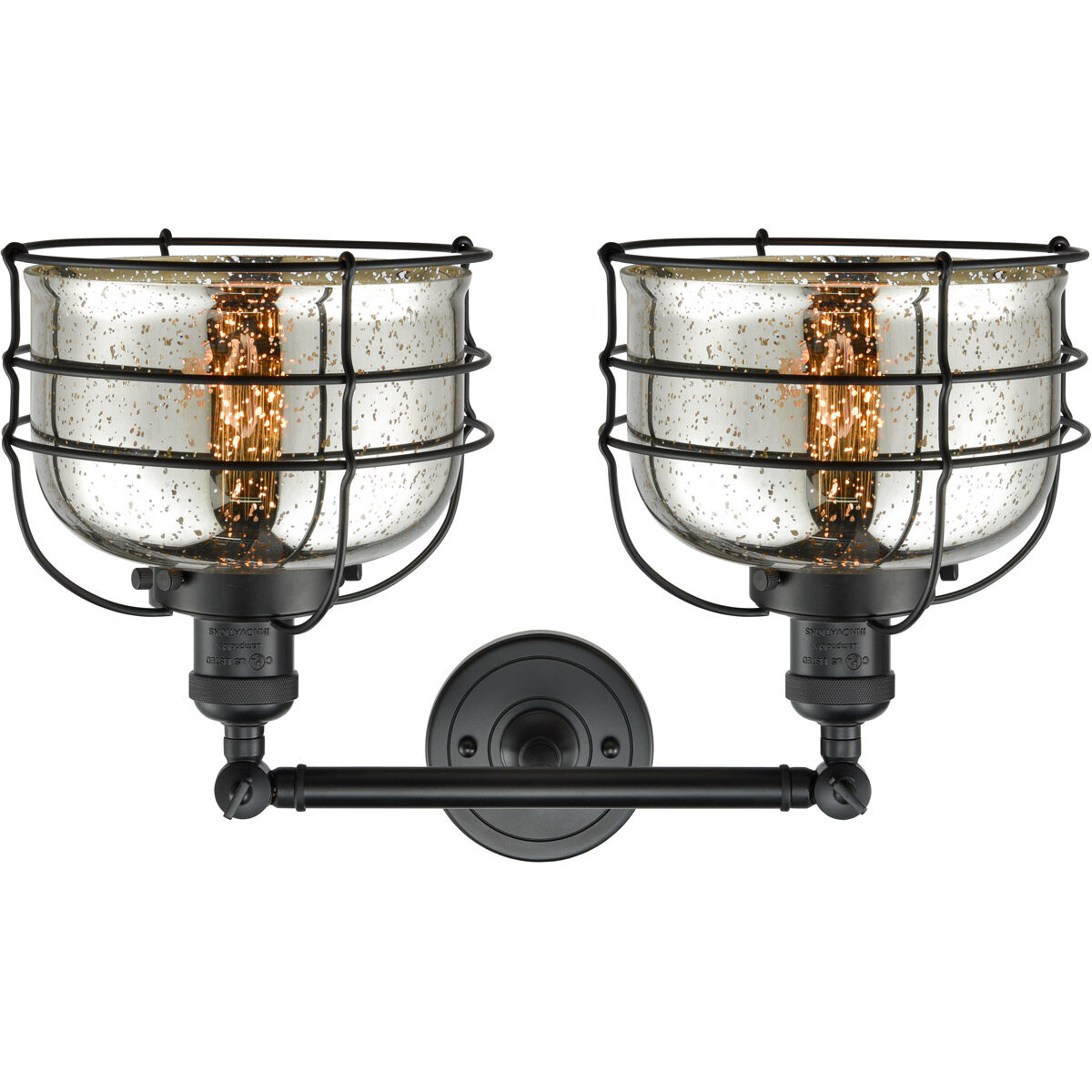 Franklin Restoration Large Bell Cage 2 Light 19 inch Matte Black Bath Vanity Light Wall Light in Silver Plated Mercury Glass, Franklin Restoration