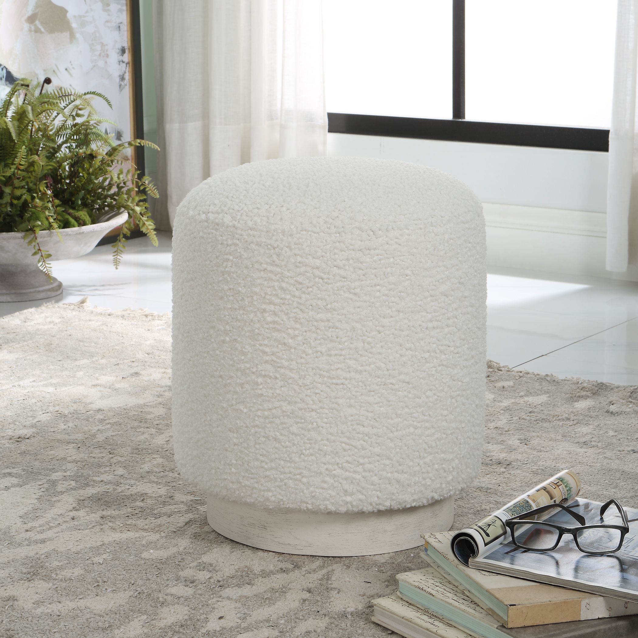 Avila 18 inch White Faux Shearling and White Ottoman