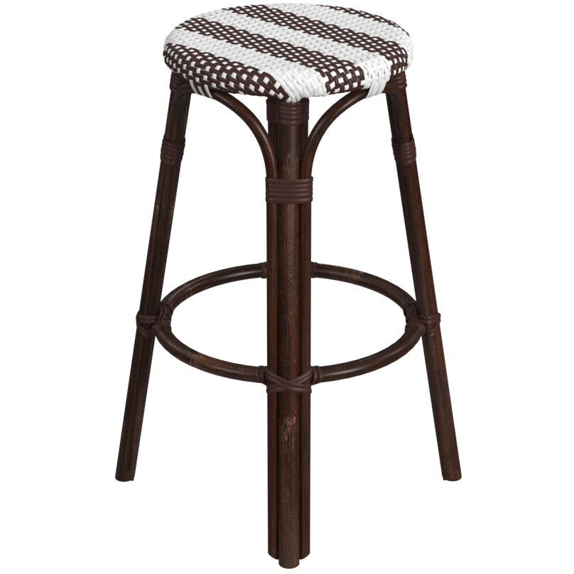 Tobias Round Rattan 30" Bar Stool in White and Brown Stripe