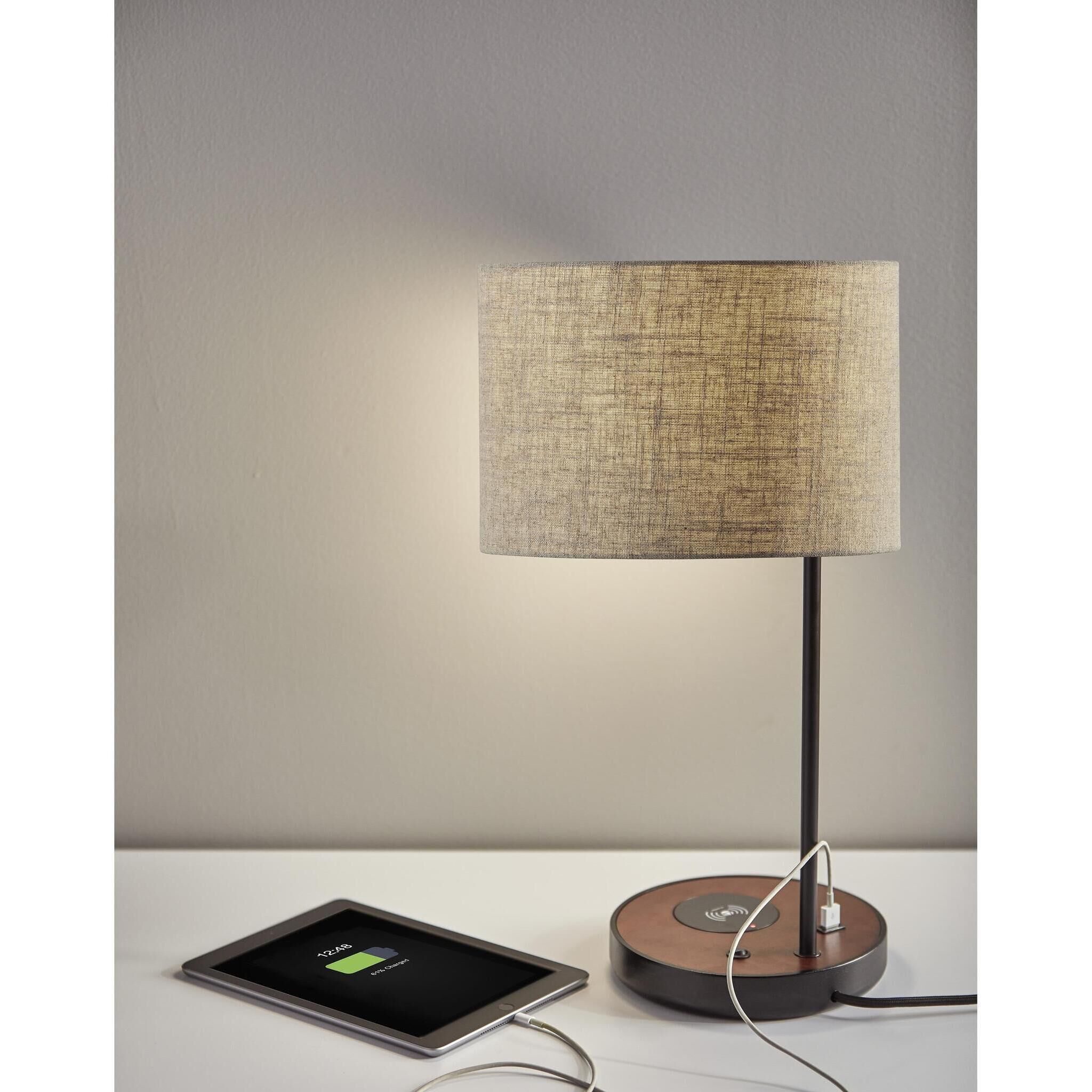 Oliver 20 inch 100.00 watt Matte Black and Walnut Poplar Wood Table Lamp Portable Light, with AdessoCharge Wireless Charging Pad and USB Port 