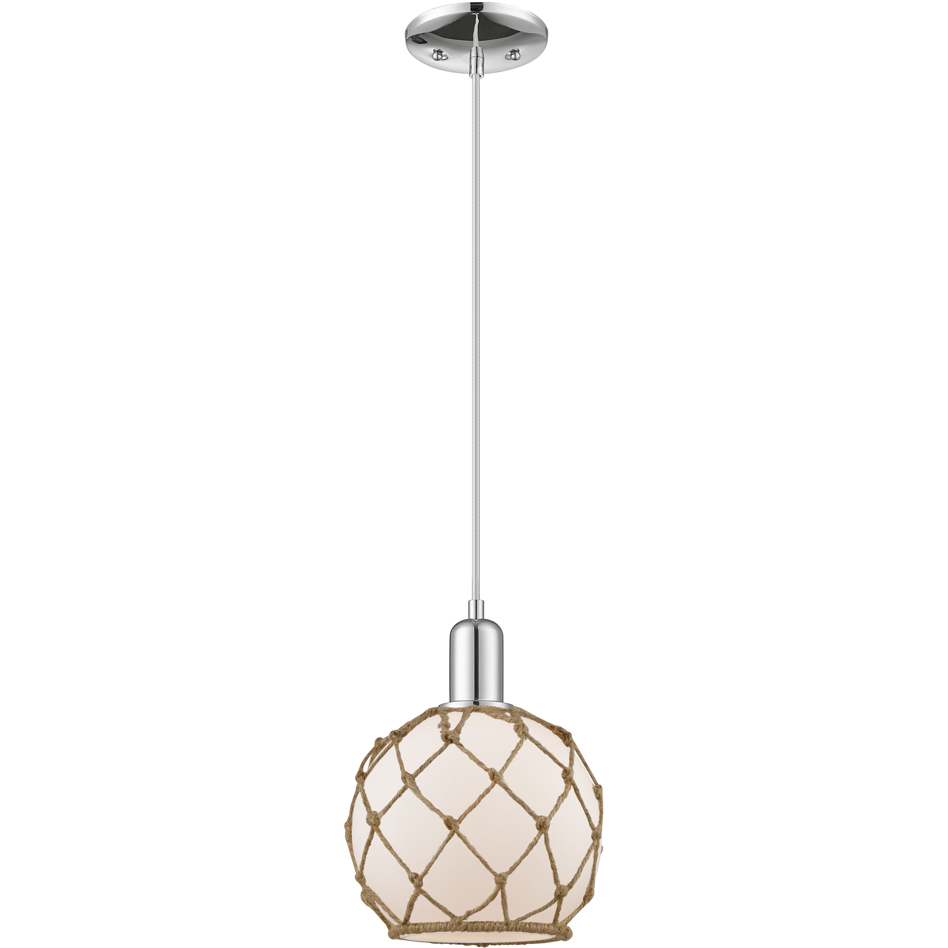 Arcadia Farmhouse Rope 1 Light 8 inch Polished Chrome Mini Pendant Ceiling Light in White Glass with Brown Rope