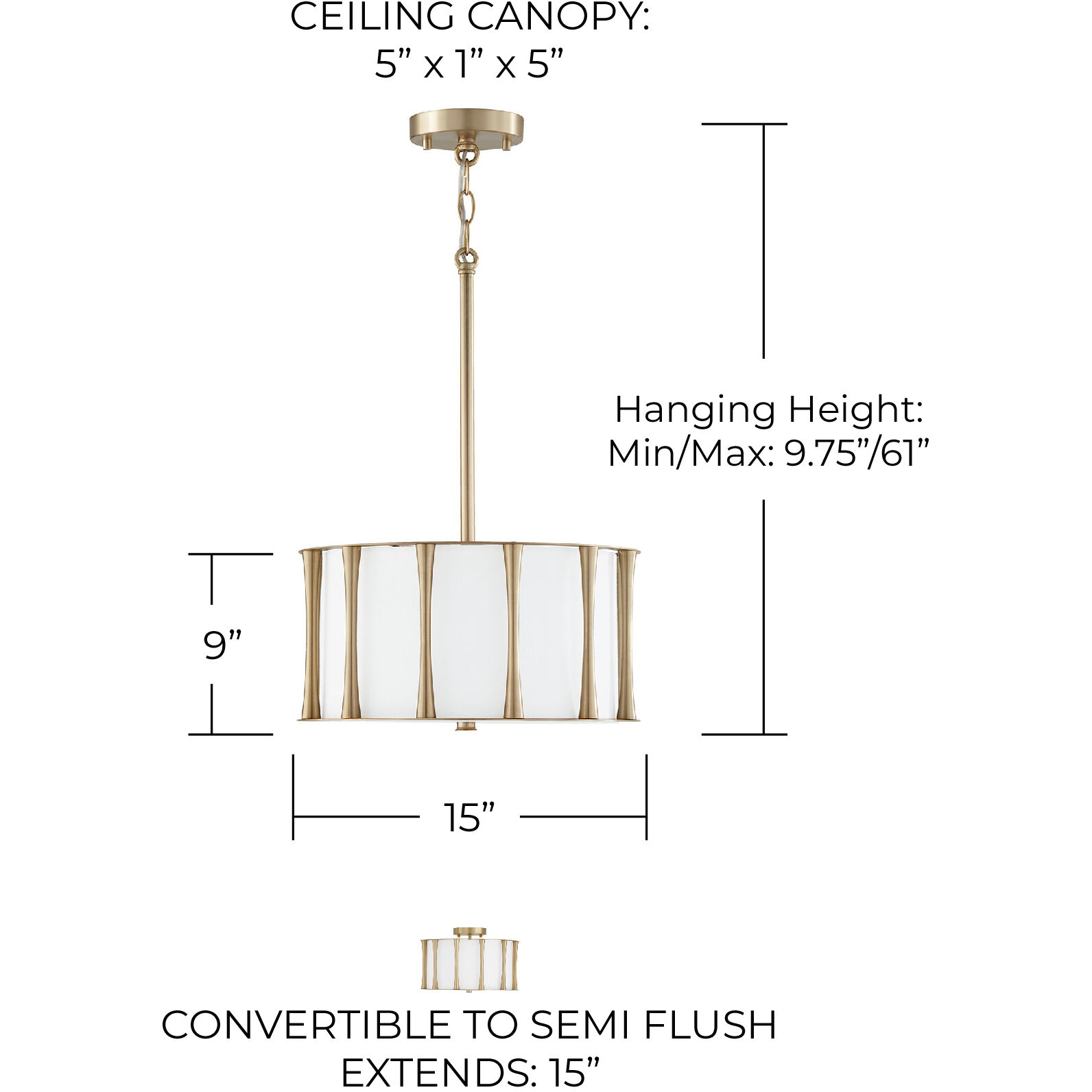 Bodie 3 Light 15 inch Matte Brass Semi-Flush Mount Ceiling Light, Convertible Dual Mount