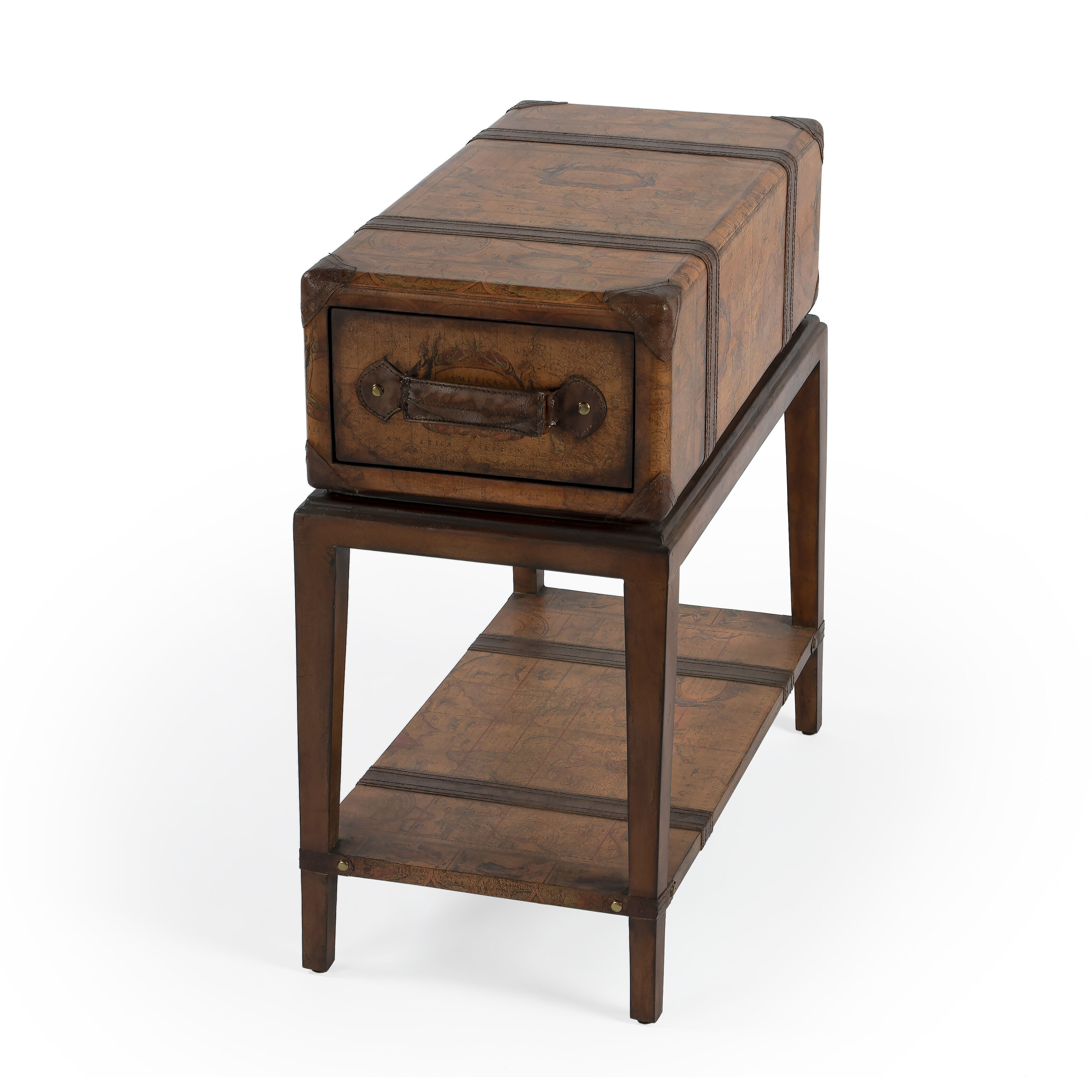 Vasco Old World Map Side Table in Medium Brown