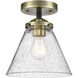 Nouveau Large Cone LED 8 inch Black Antique Brass Semi-Flush Mount Ceiling Light in Seedy Glass, Nouveau