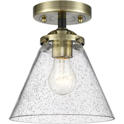 Nouveau Large Cone LED 8 inch Black Antique Brass Semi-Flush Mount Ceiling Light in Seedy Glass, Nouveau