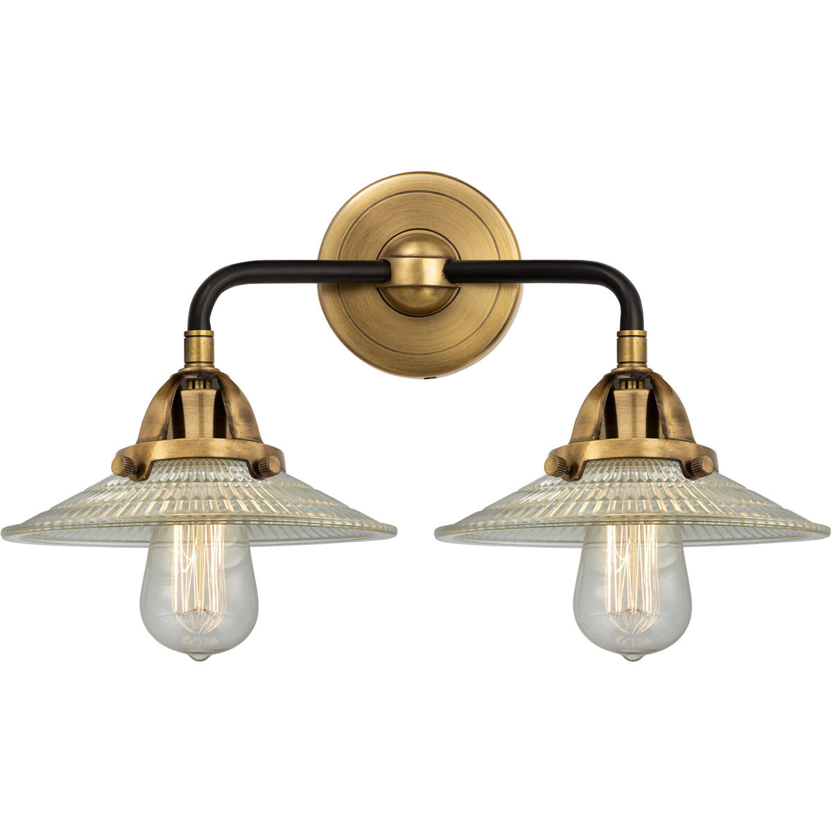 Nouveau 2 Halophane 2 Light 17 inch Black Antique Brass and Matte Black Bath Vanity Light Wall Light in Clear Halophane Glass