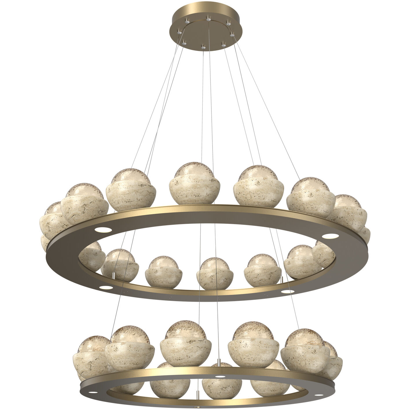 Cabochon LED Gilded Brass with Travertine Stone Chandelier Ceiling Light in Amber, 2700K LED, Two-Tier