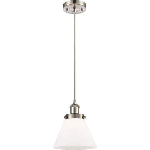 Ballston Large Cone LED 8 inch Brushed Satin Nickel Mini Pendant Ceiling Light in Matte White Glass, Ballston