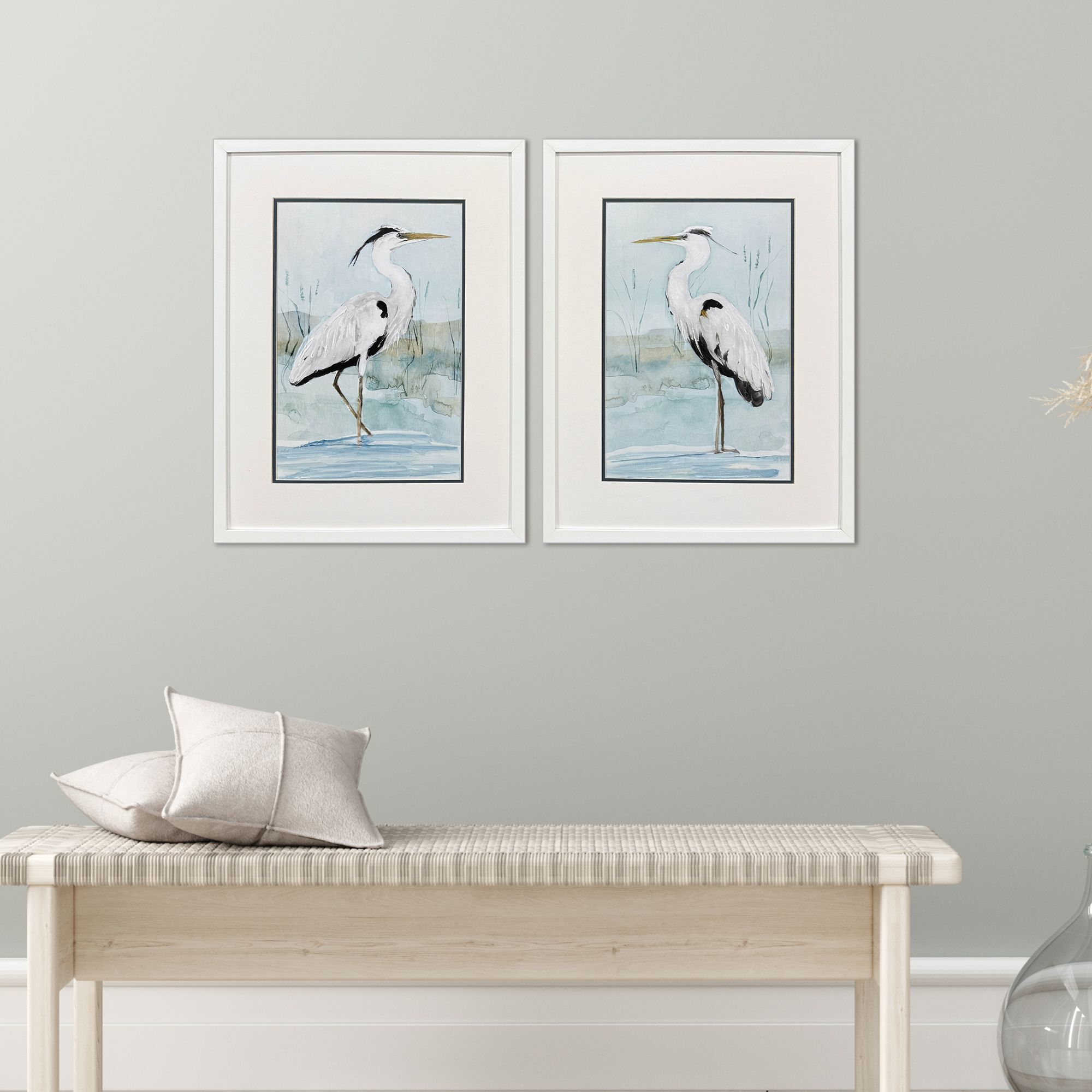 Heron on Blue Blue and White and Neutral and Multi Framed Art, Propac