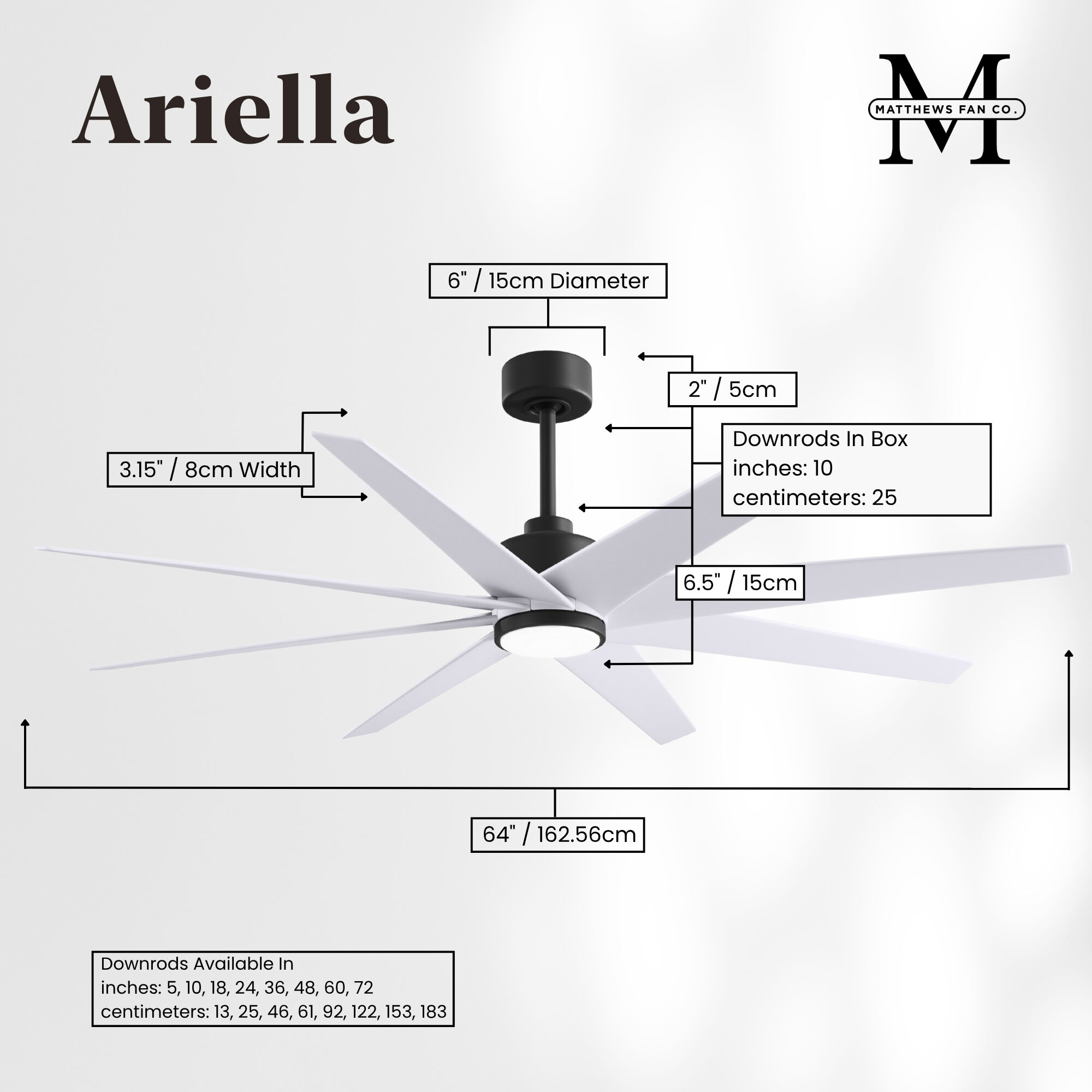 Atlas Ariella - LK 64 inch Matte Black with Matte White Blades Ceiling Fan