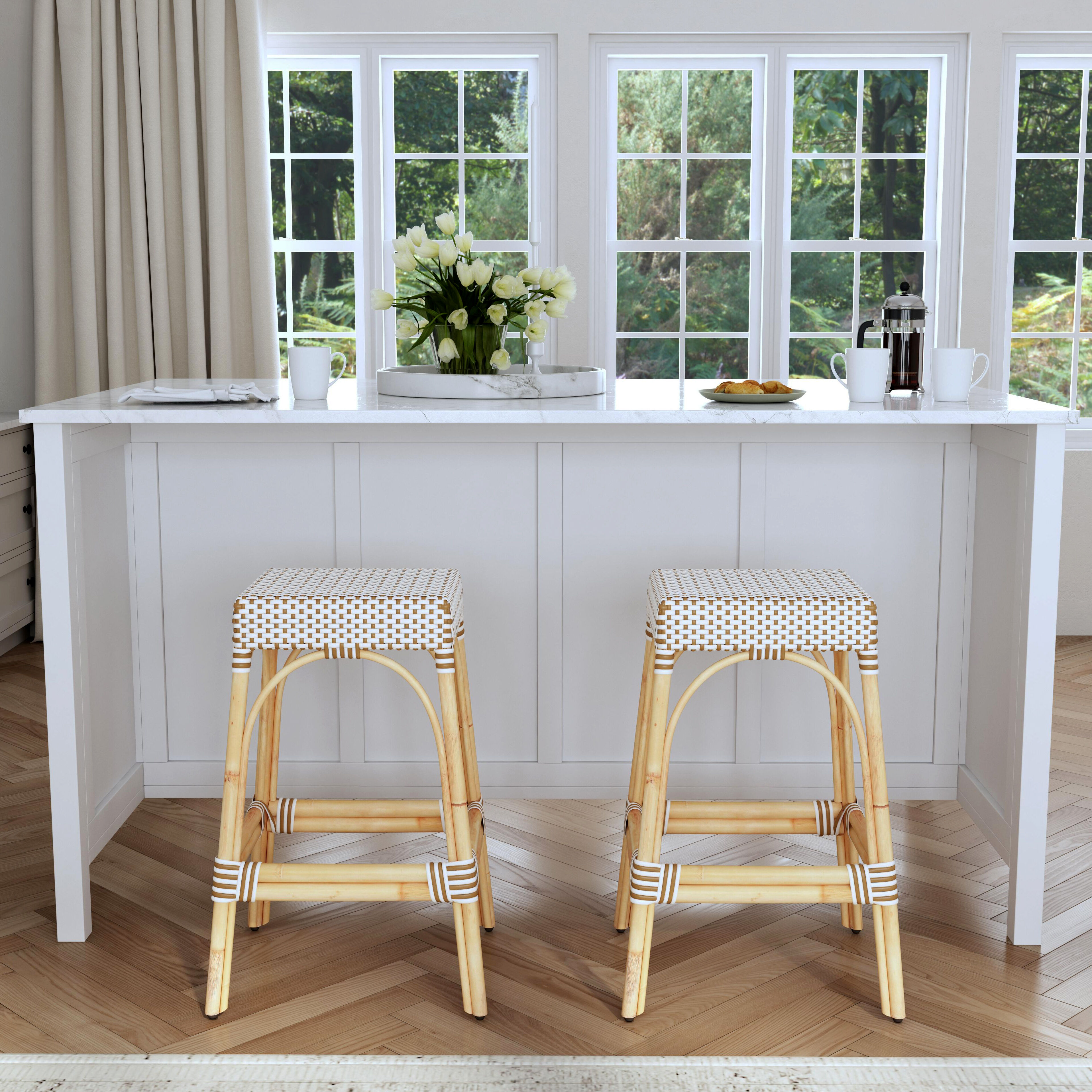 Robias Rectangular Rattan 30" Bar Stool in White and Tan Dot