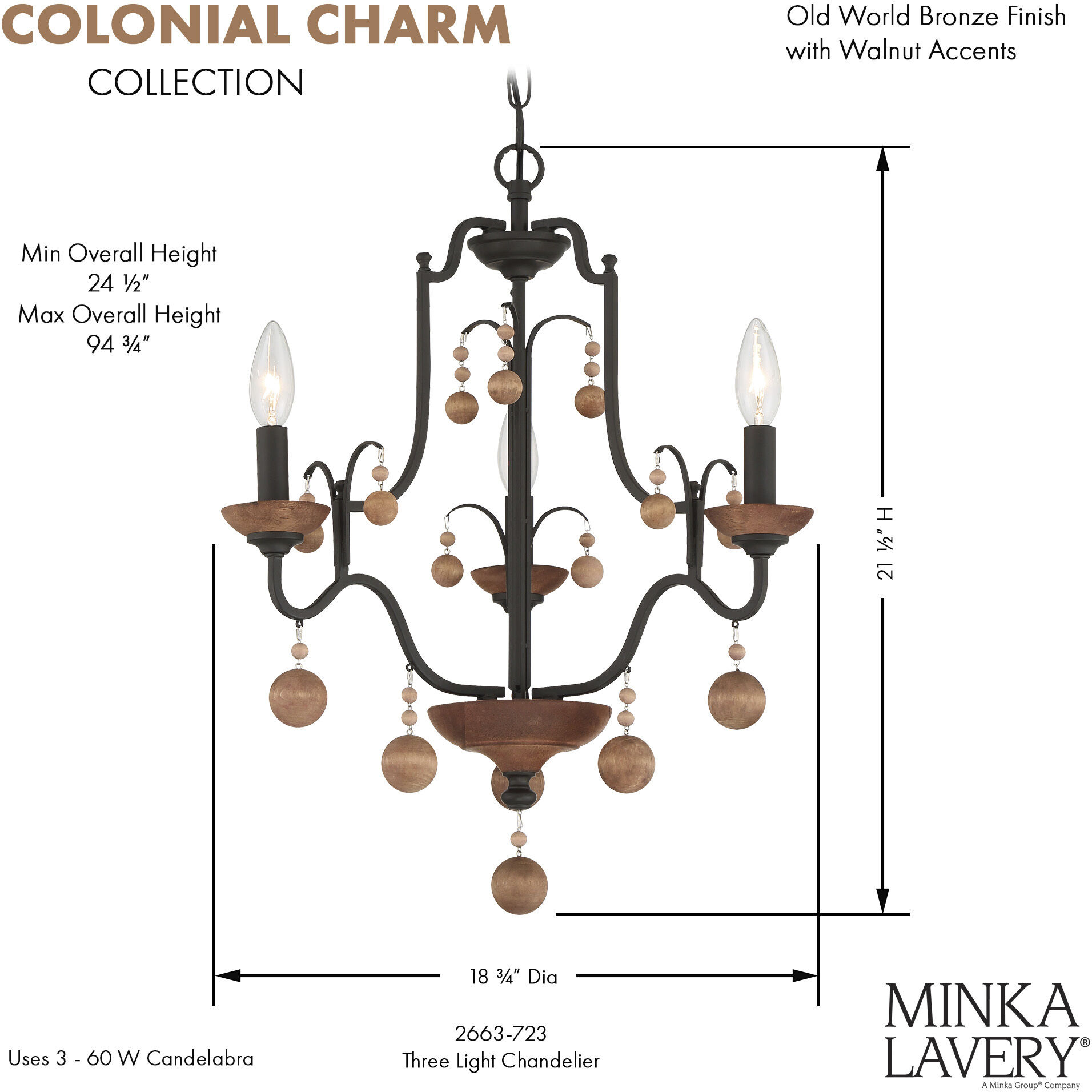 Colonial Charm 3 Light 19 inch Old World Bronze/Walnut Accents Chandelier Ceiling Light