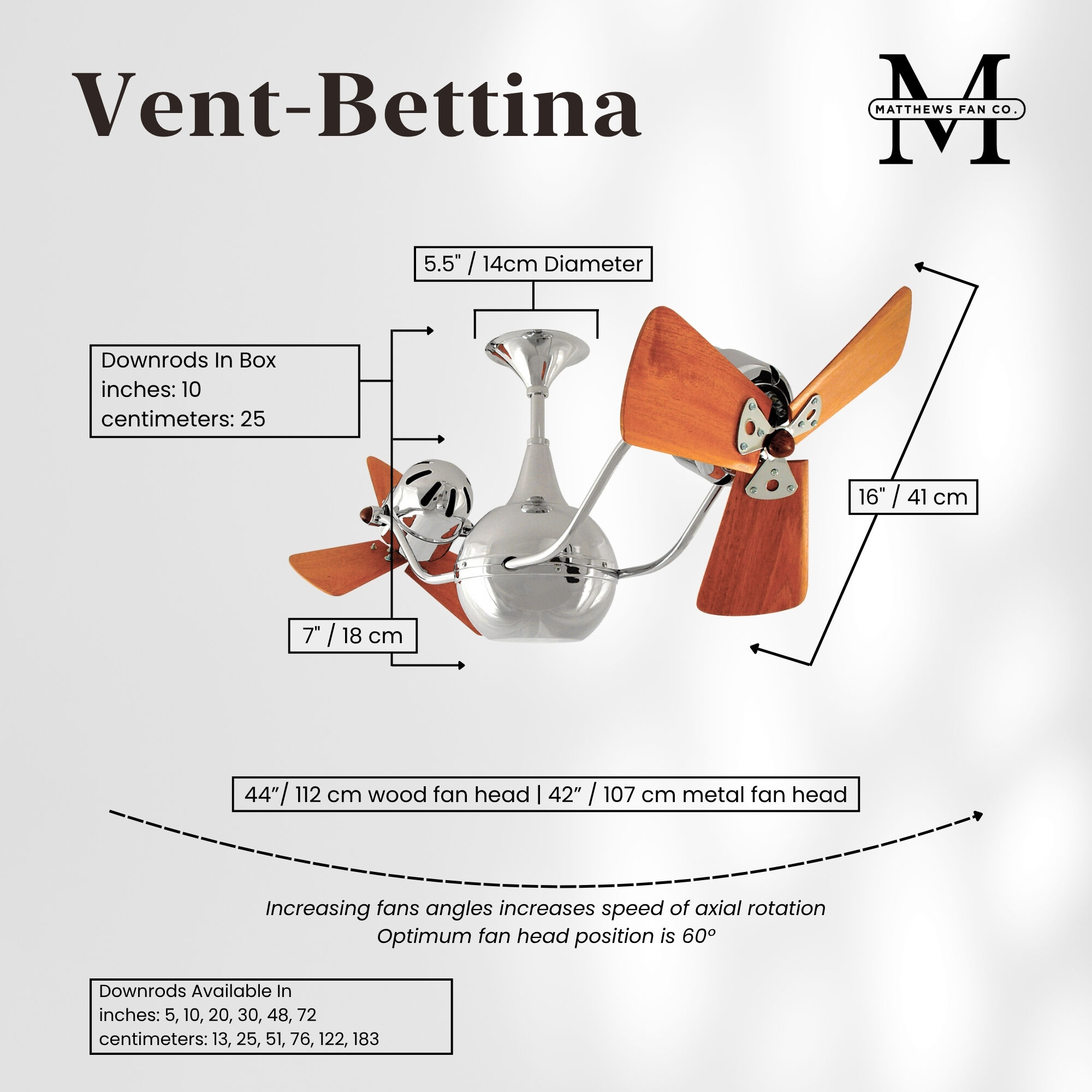 Matthews-Gerbar Vent-Bettina 16 inch Polished Chrome with Solid Mahogany Wood Blades Rotational Ceiling Fan, Matthews-Gerbar
