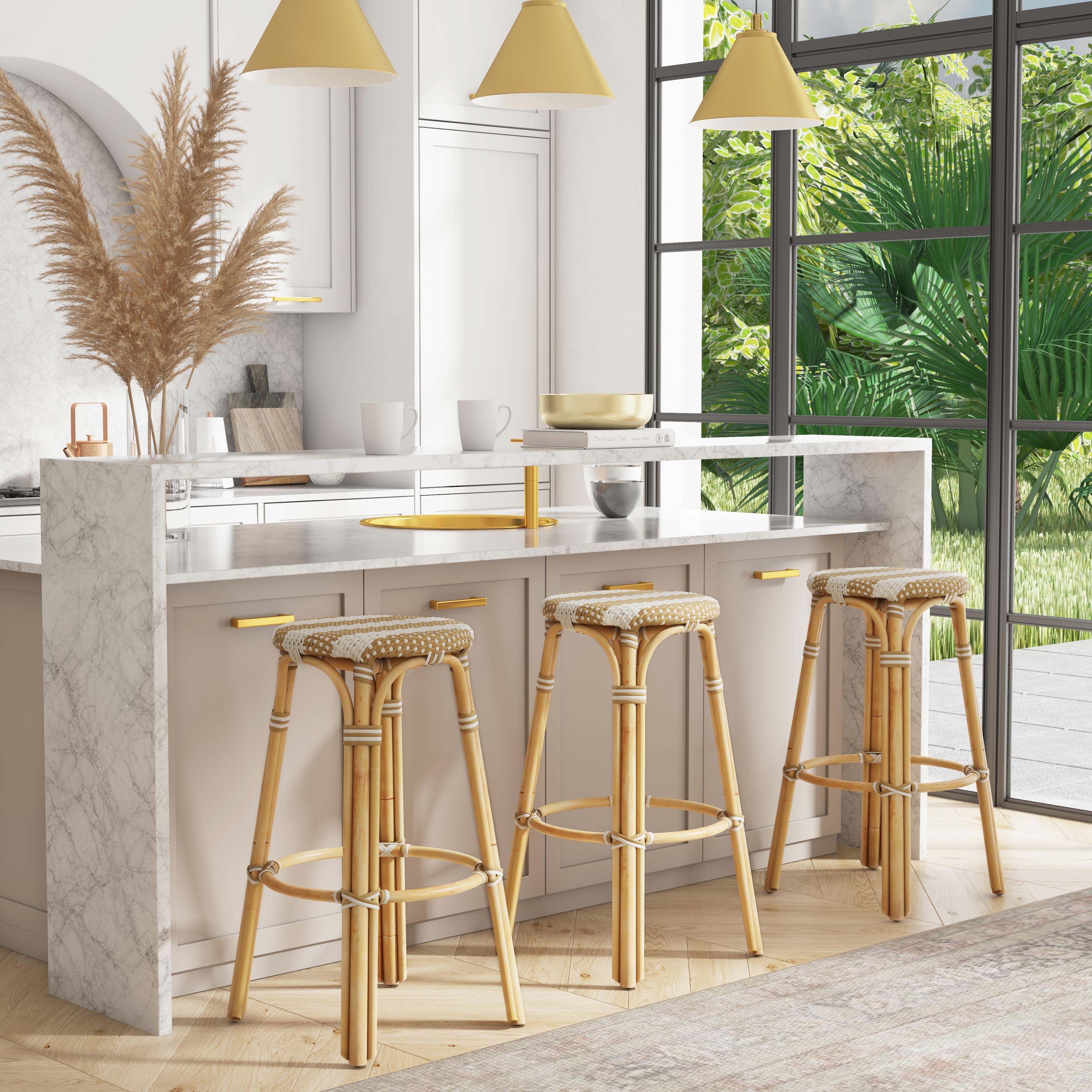 Tobias Round Rattan 30" Bar Stool in Tan and White Stripe