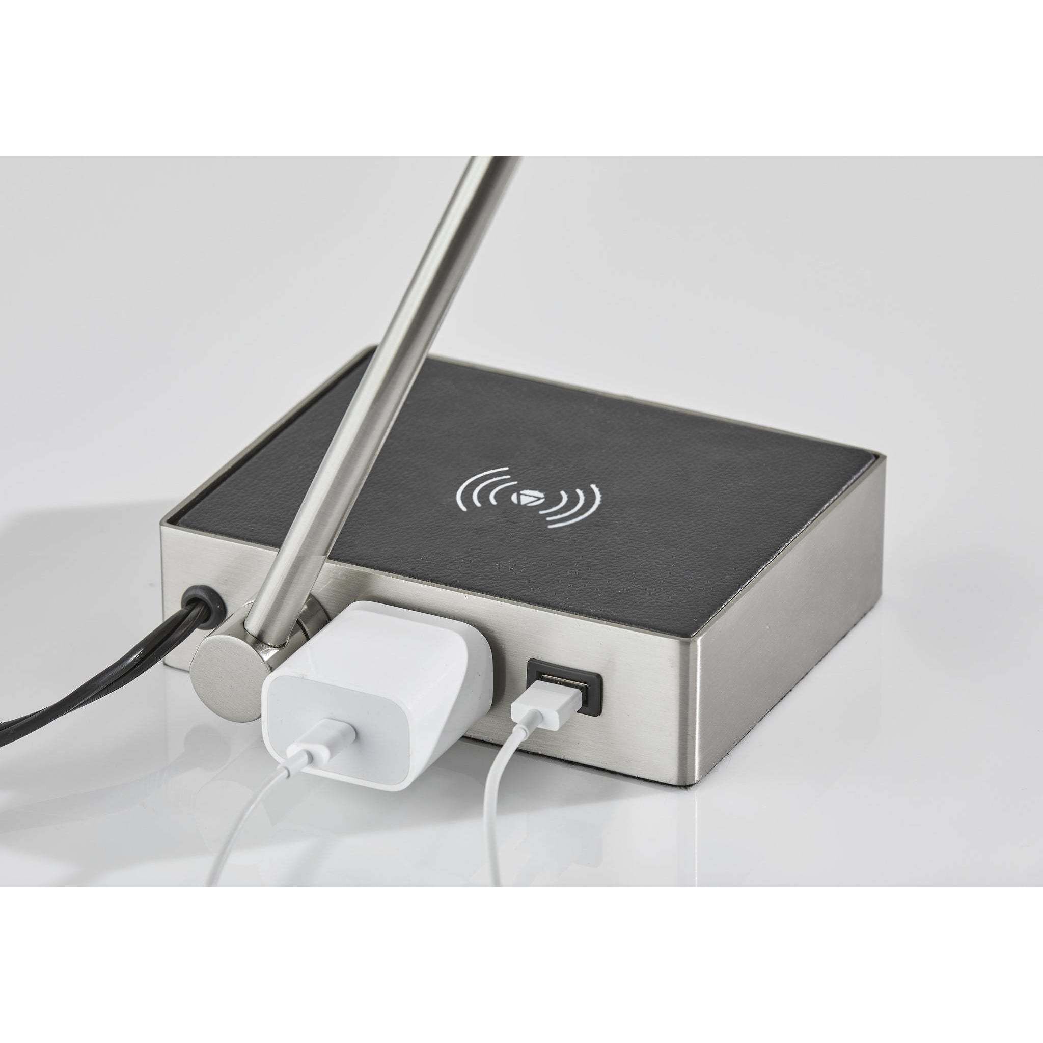 Sawyer 17 inch 7.00 watt Brushed steel with black leather Wireless Charging Desk Lamp Portable Light, with AdessoCharge