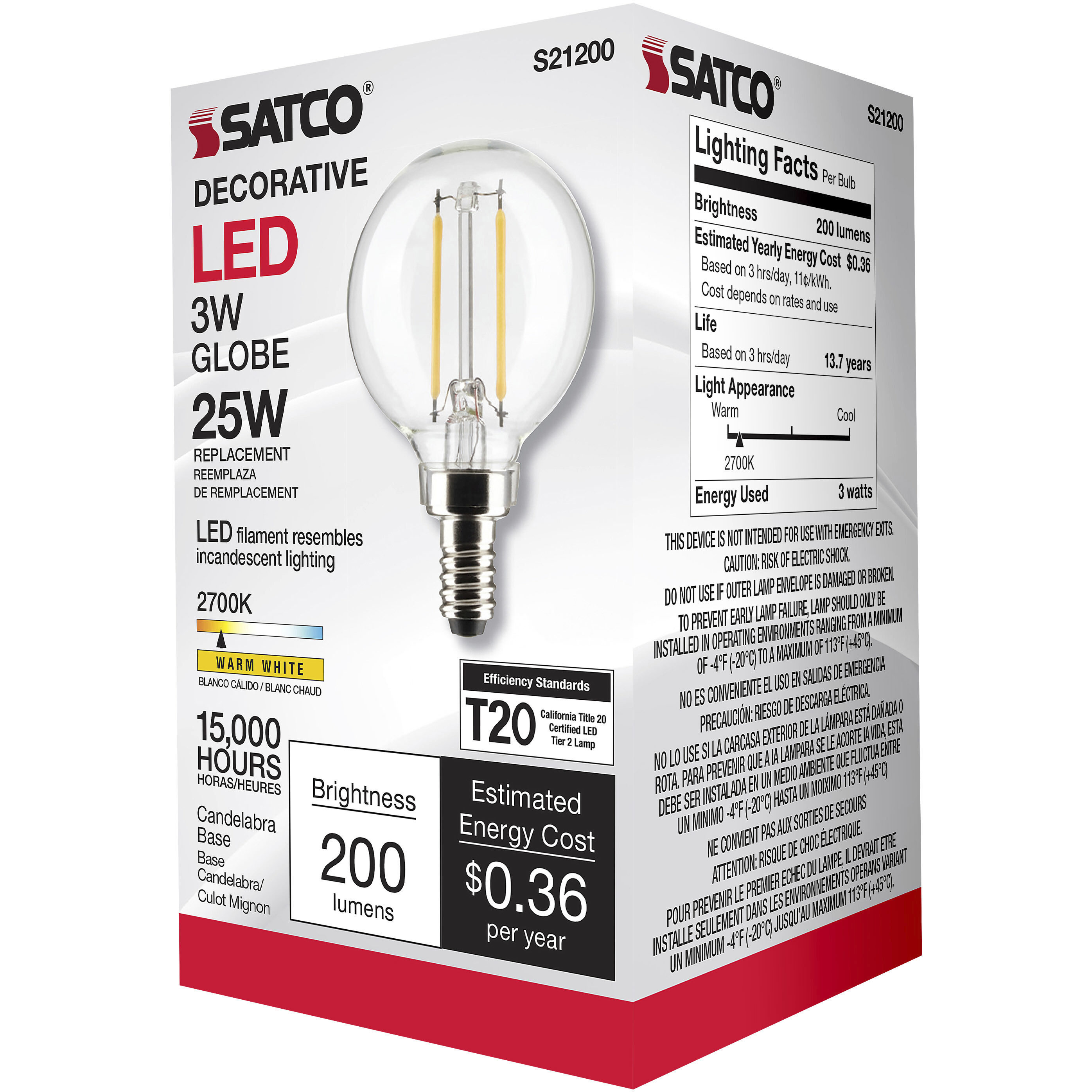 Lumos LED Candelabra Candelabra 3.00 watt 2700K LED Filament