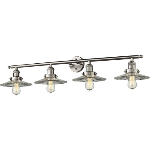 Franklin Restoration Halophane 4 Light 45 inch Brushed Satin Nickel Bath Vanity Light Wall Light in Clear Halophane Glass, Franklin Restoration