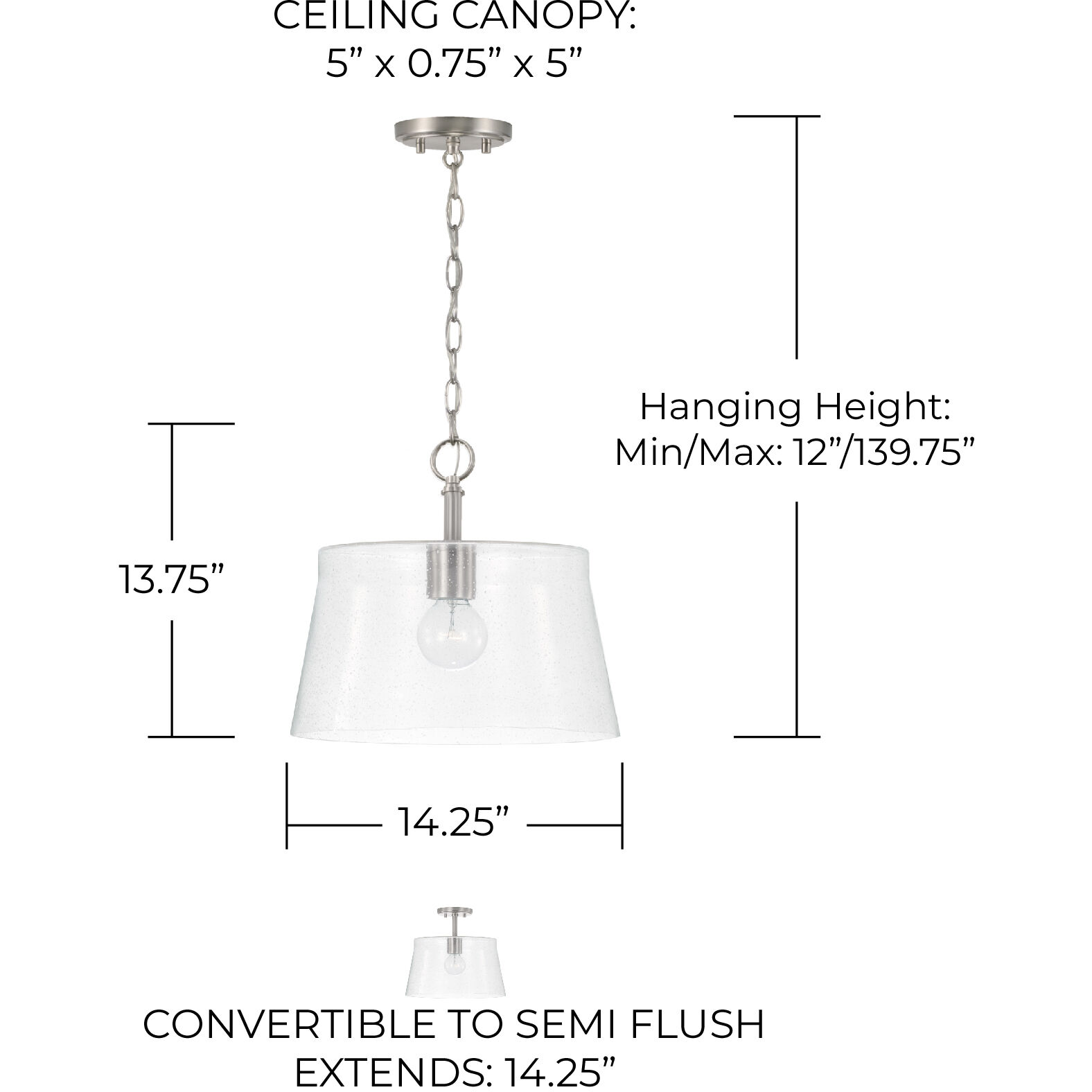 Baker 1 Light 14.25 inch Brushed Nickel Pendant Ceiling Light, Convertible Dual Mount