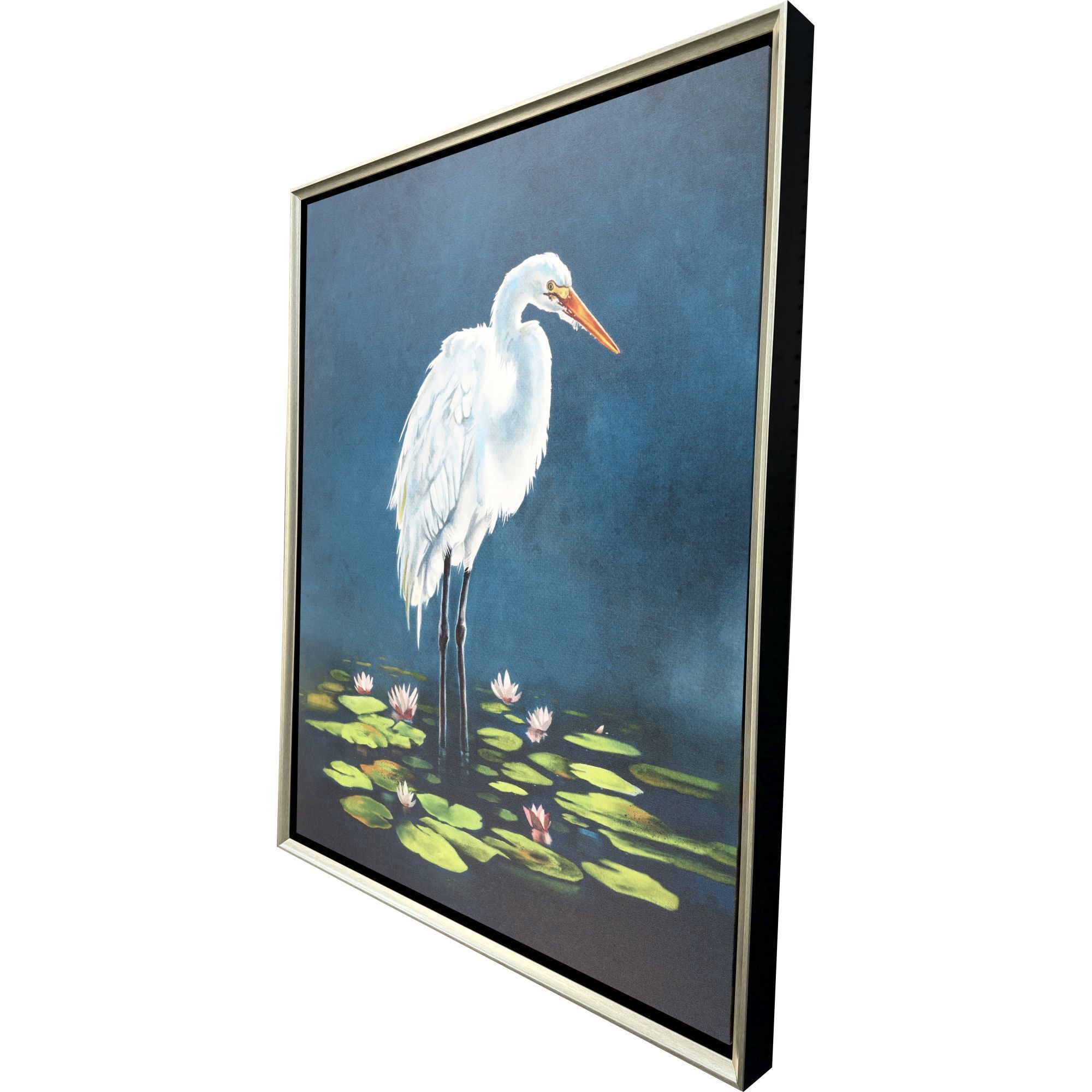 Egret in Lily Pads Blue and White and Green and Multi Canvas