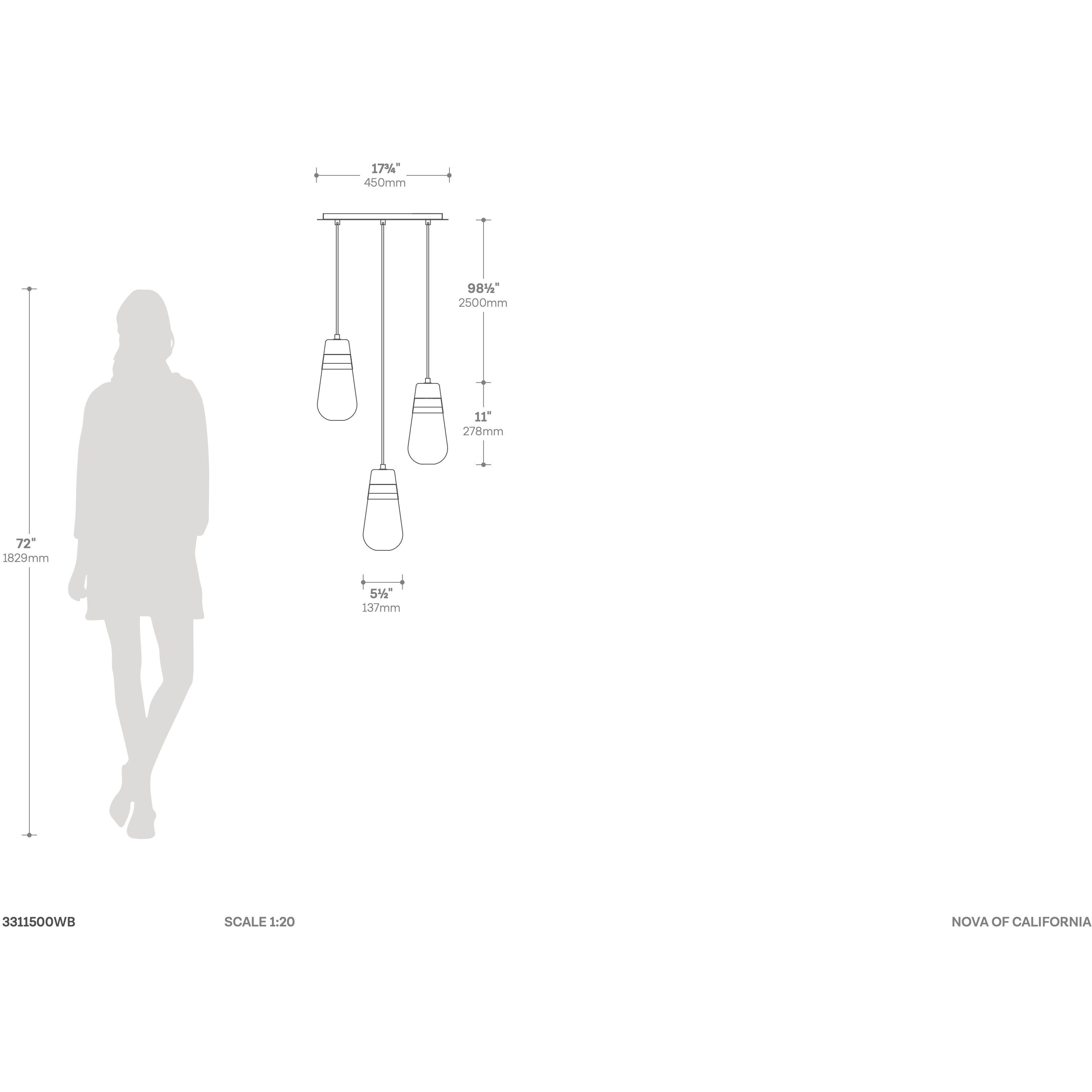 Sunset 3 Light 20 inch Walnut and Weathered Brass with Matte Black Pendant Ceiling Light