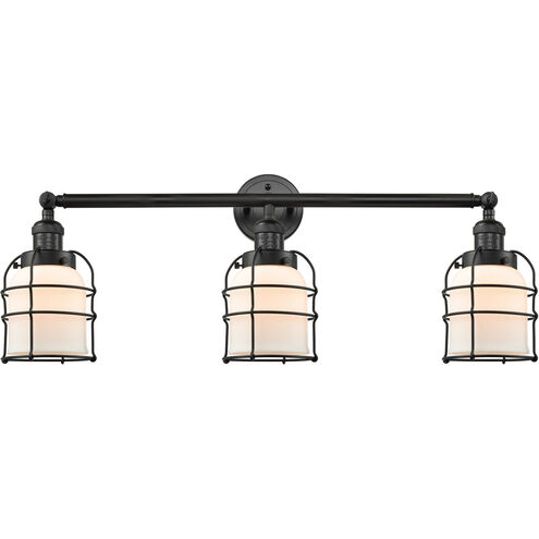Franklin Restoration Small Bell Cage 3 Light 31 inch Matte Black Bath Vanity Light Wall Light in Matte White Glass, Franklin Restoration