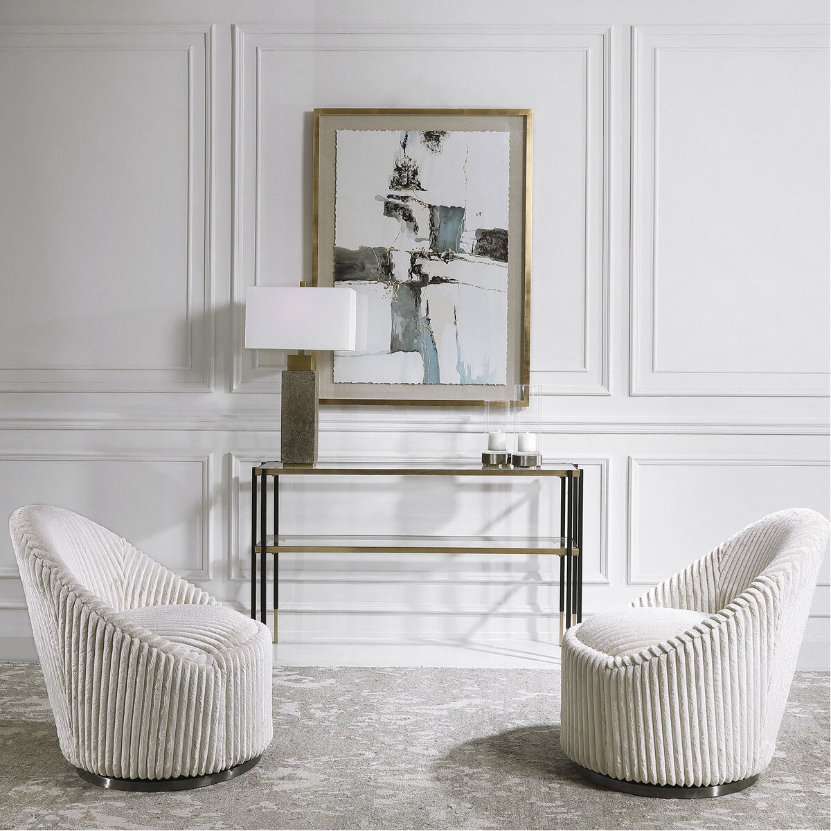 Crue Ivory Chenille Fabric and Brushed Black Nickel Swivel Chair