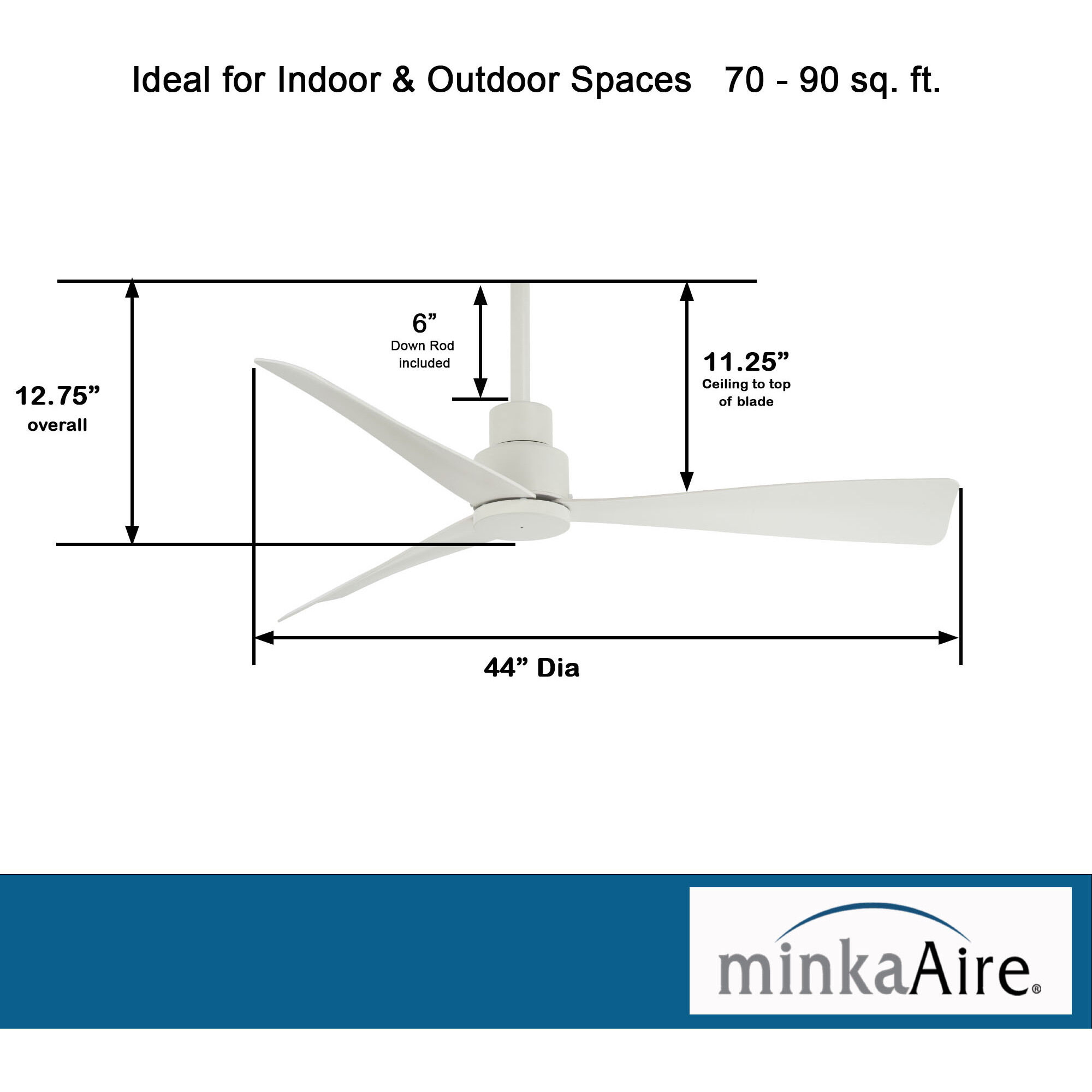 Simple 44 inch Flat White Outdoor Ceiling Fan
