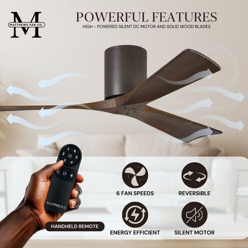 Atlas Irene-3H 52 inch Textured Bronze with Walnut Tone Blades Ceiling Mount Paddle Fan, Flush Mounted