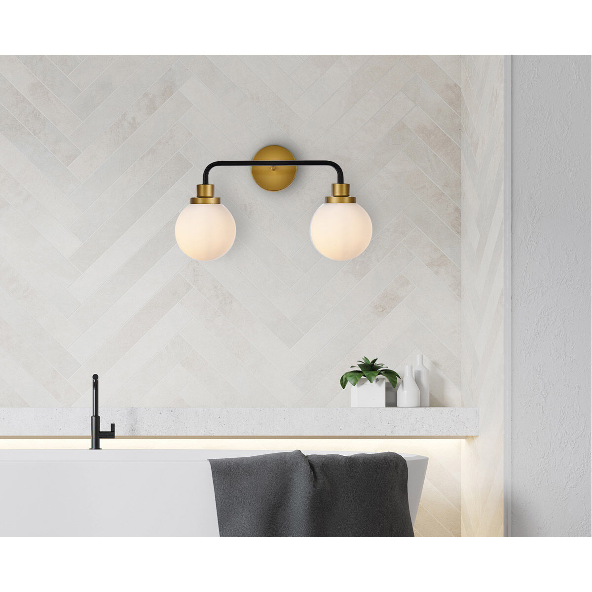 Hanson 2 Light 19 inch Black and Brass Bath Sconce Wall Light