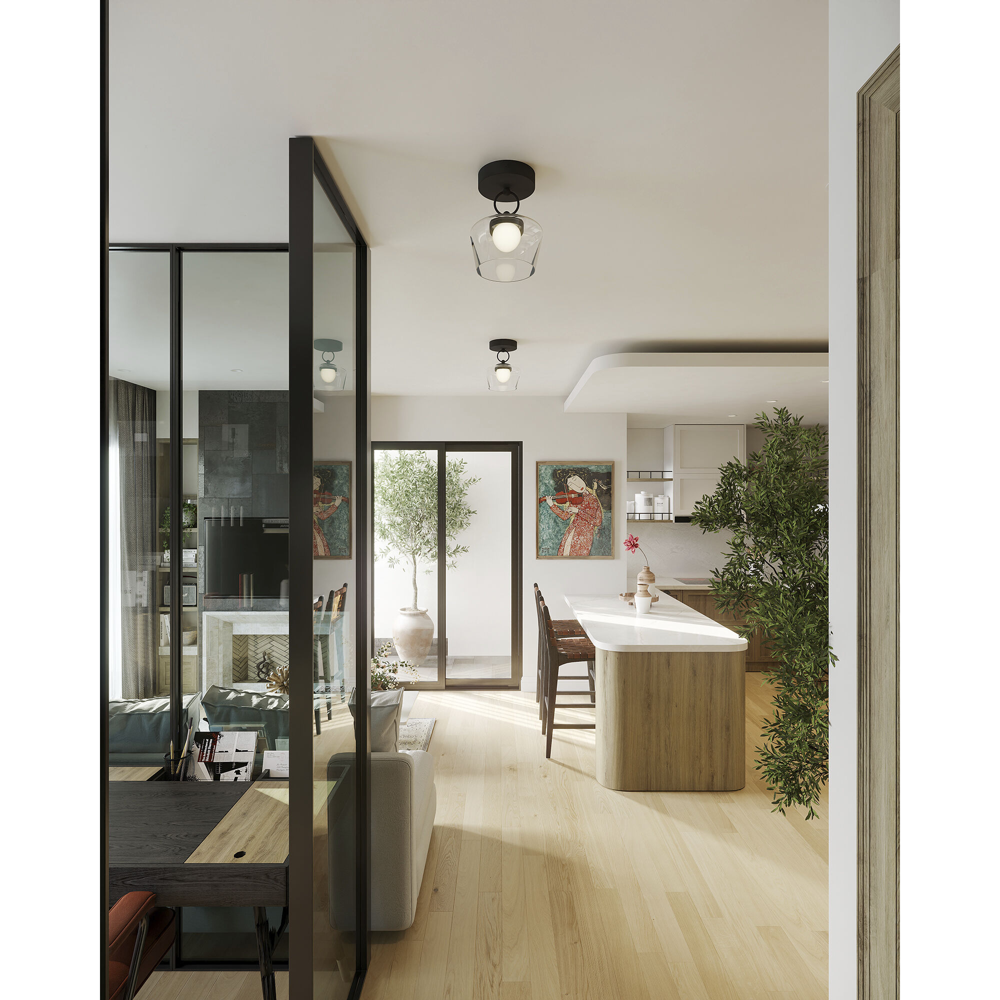 Alora Mood Leota LED 8 inch Matte Black/Clear Glass Semi-Flush Mount Ceiling Light