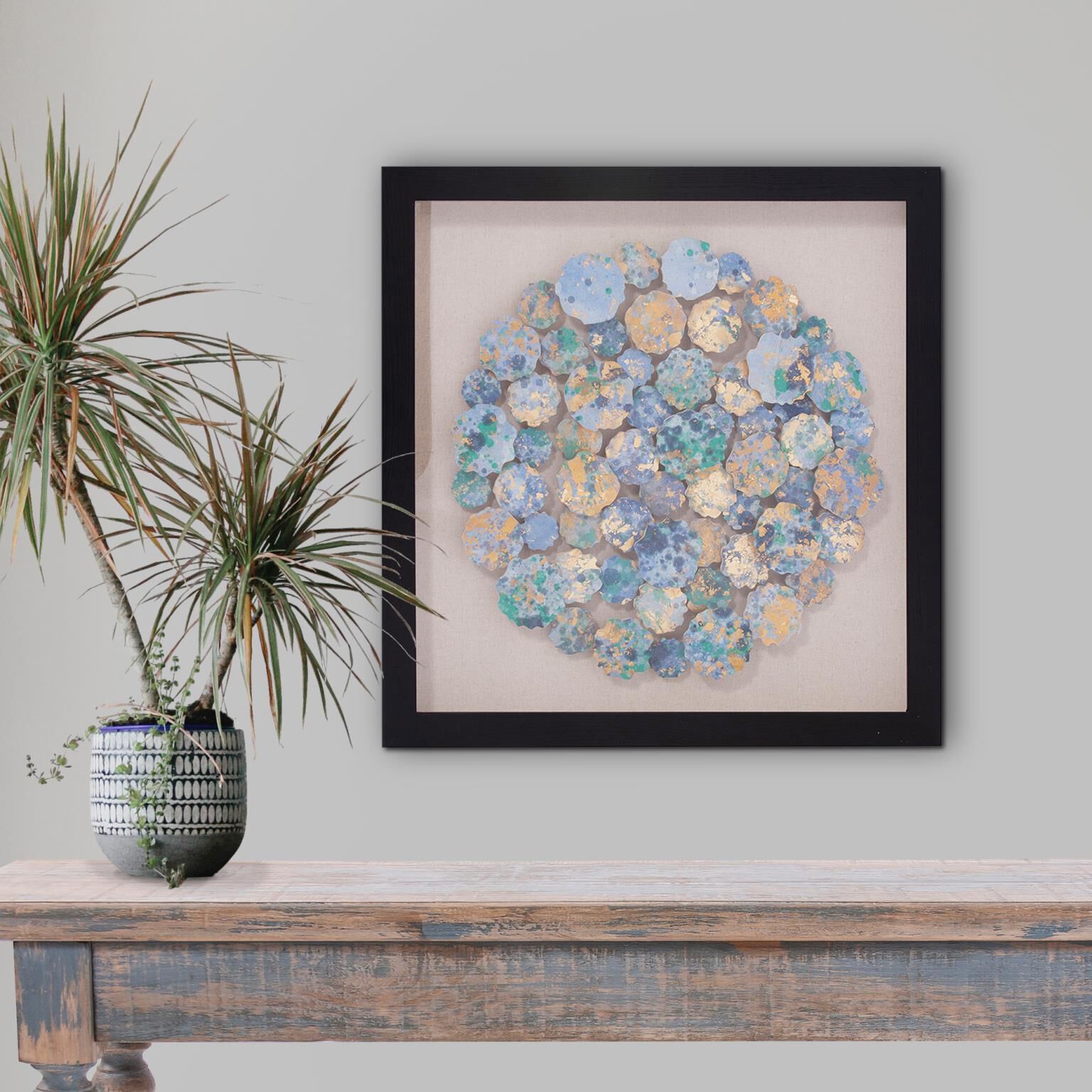 Abstract Chrysanthemum Blue/Natural/Black Shadowbox Art