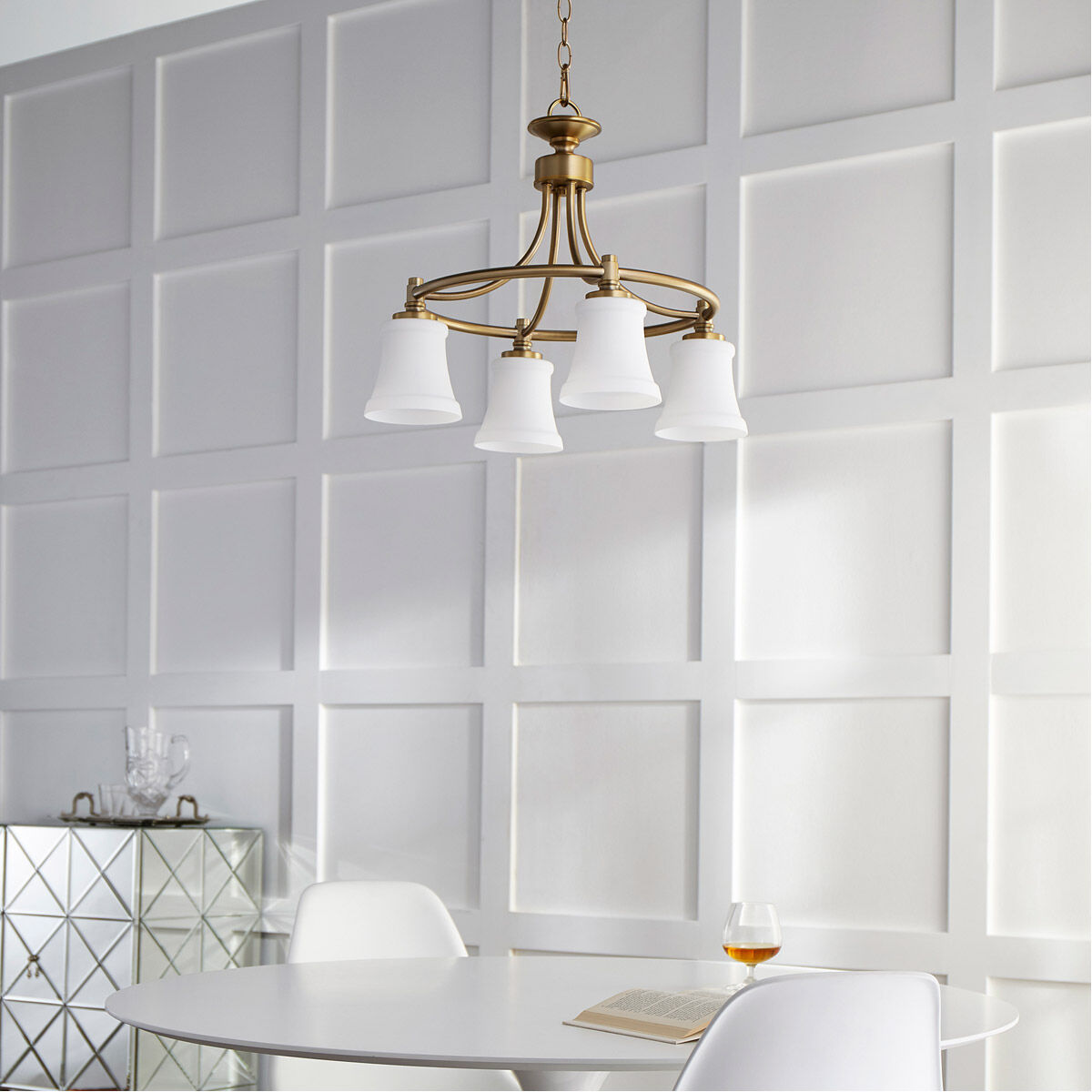 Rossington 4 Light 21 inch Aged Brass Mini Chandelier Ceiling Light in Satin Opal