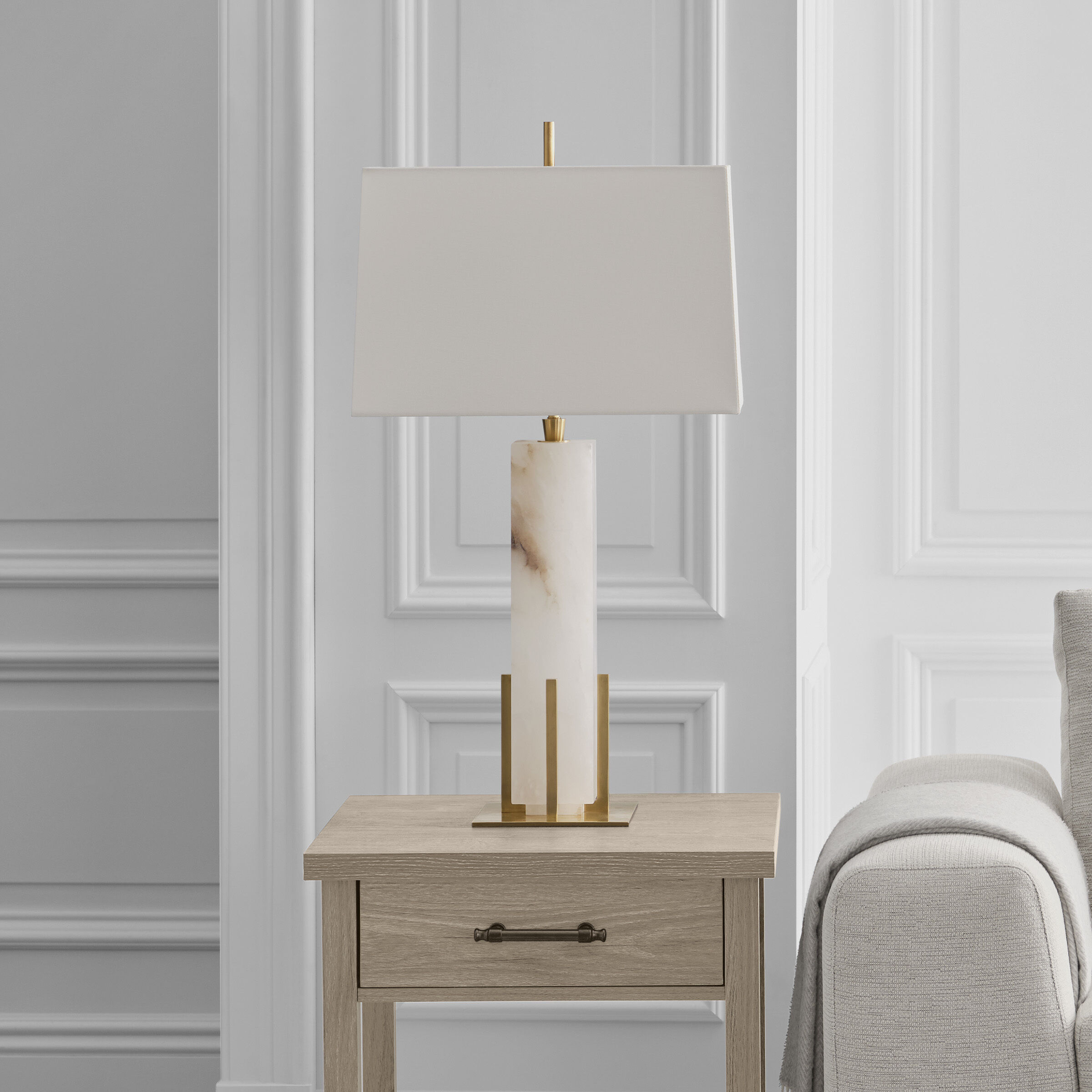 Thomas O'Brien Gironde 31.25 inch 15 watt Alabaster and Hand-Rubbed Antique Brass Table Lamp Portable Light, Large