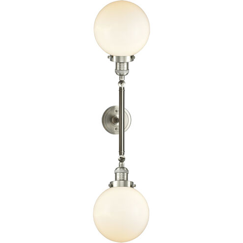 Franklin Restoration Large Beacon 2 Light 19 inch Brushed Satin Nickel Bath Vanity Light Wall Light in Matte White Glass, Franklin Restoration