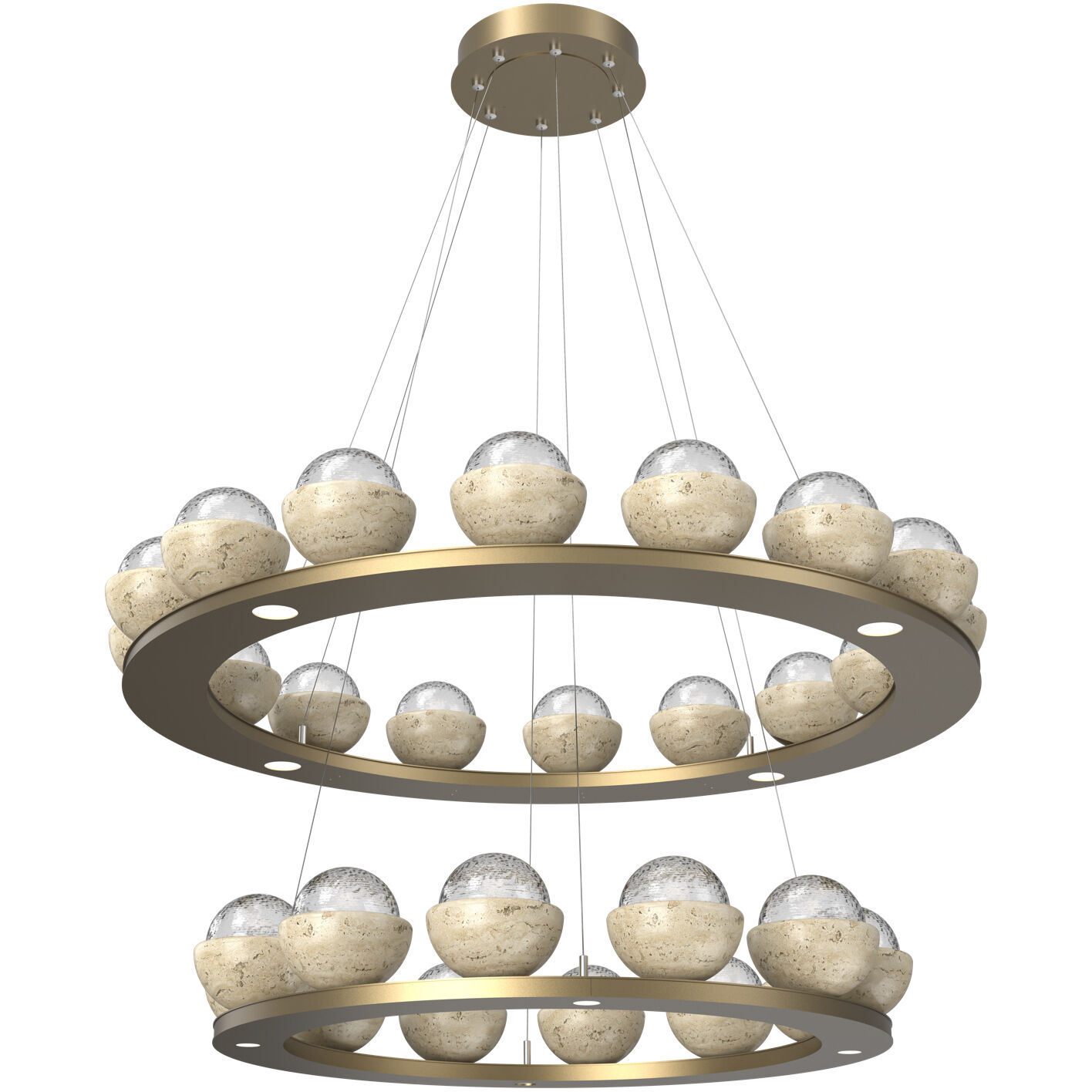 Cabochon LED Gilded Brass with Travertine Stone Chandelier Ceiling Light in 3000K LED, Clear, Two-Tier