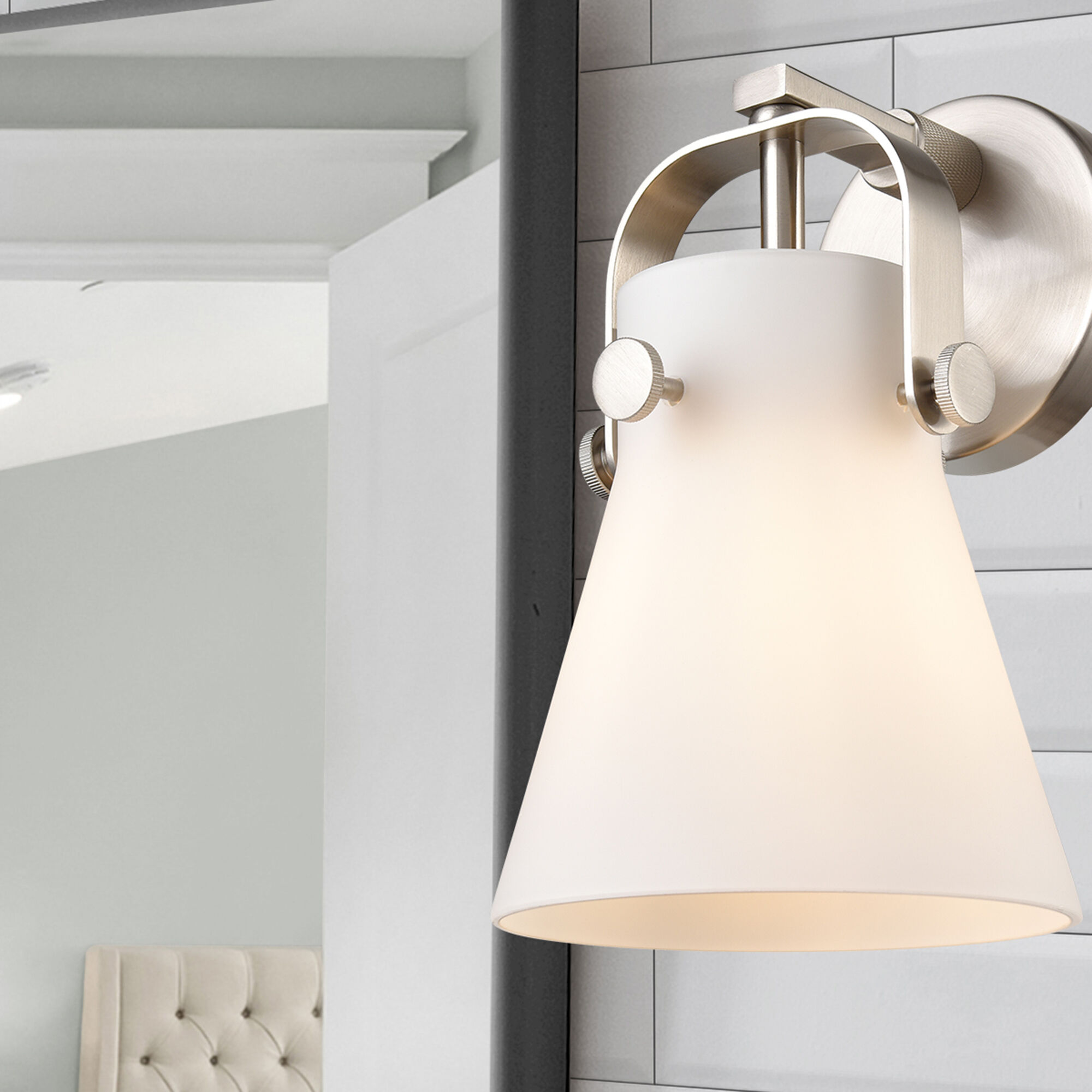 Pilaster II Cone Sconce Wall Light in Satin Nickel, Matte White Glass