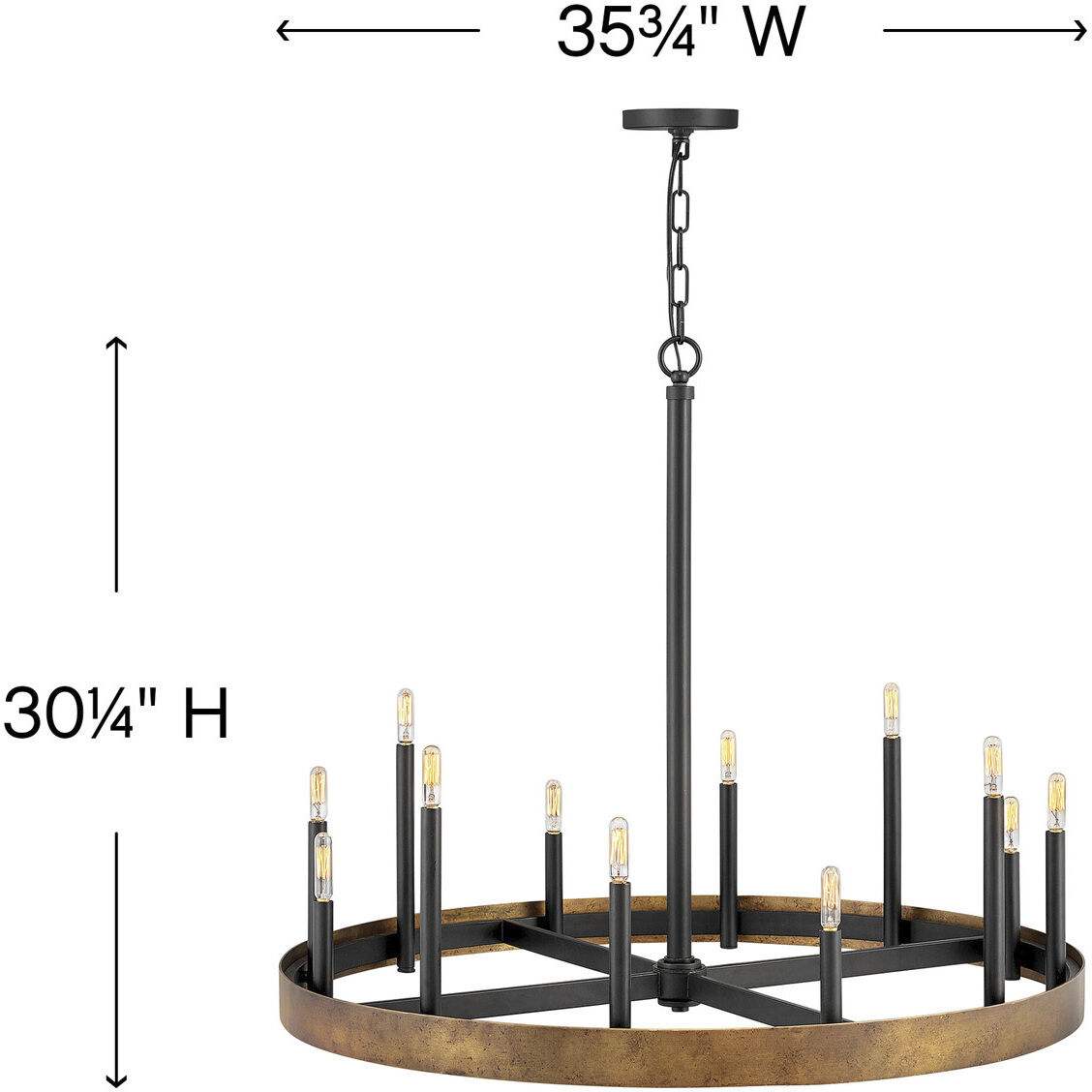 Wells 12 Light 35.75 inch Weathered Brass with Black Indoor Linear Chandelier Ceiling Light