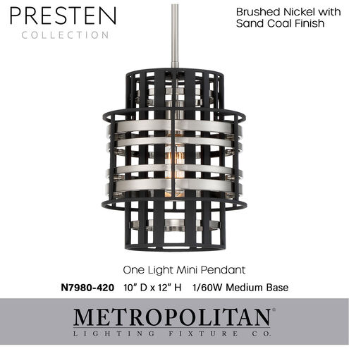Presten 1 Light 10 inch Brushed Nickel with Sand Coal Mini Pendant Ceiling Light