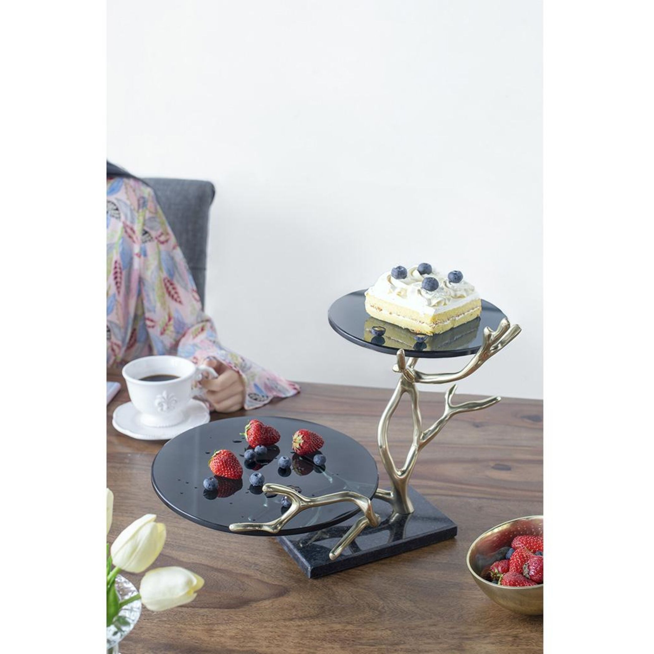Anita 16.9 X 12.4 inch Polished Gold Finished Aluminum with Black Float Glass/Black Granite Base Cake Stand