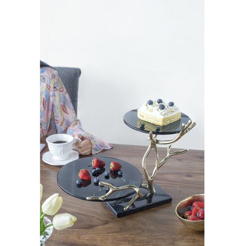 2-Tier 17 X 12 inch Polished Gold/Black Float Glass/Black Granite Cake Stand