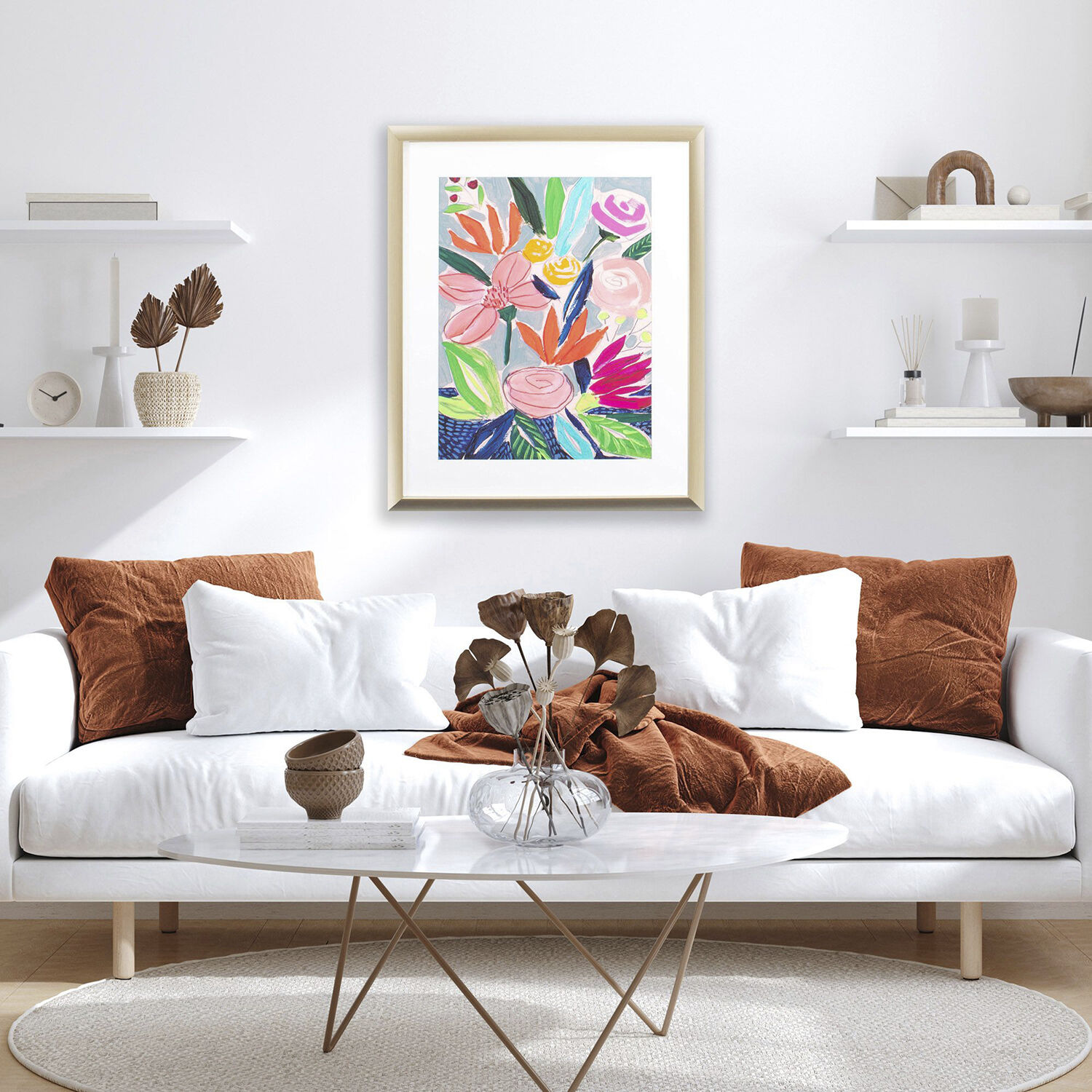 Naive Neon Bouquet Pink and Green and Blue and Orange Framed Art, Propac