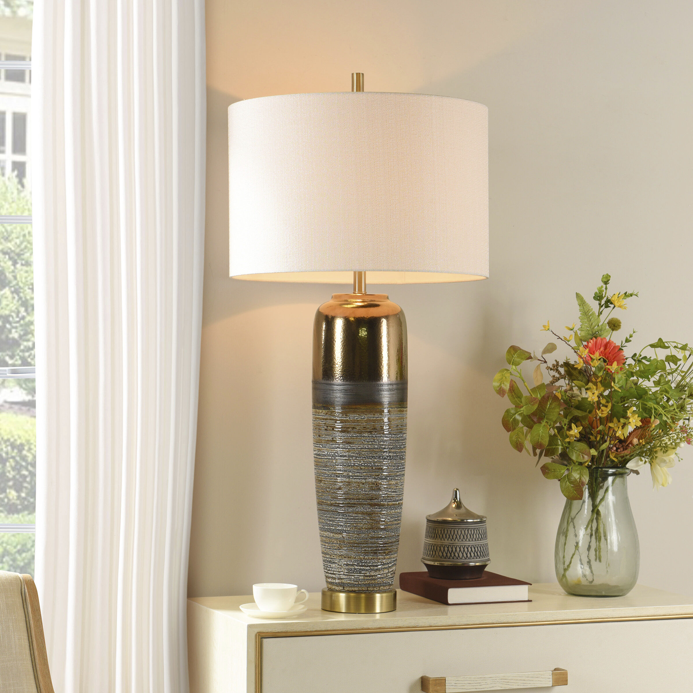 Signature 41 inch 100 watt White Gray and Gold Table Lamp Portable Light