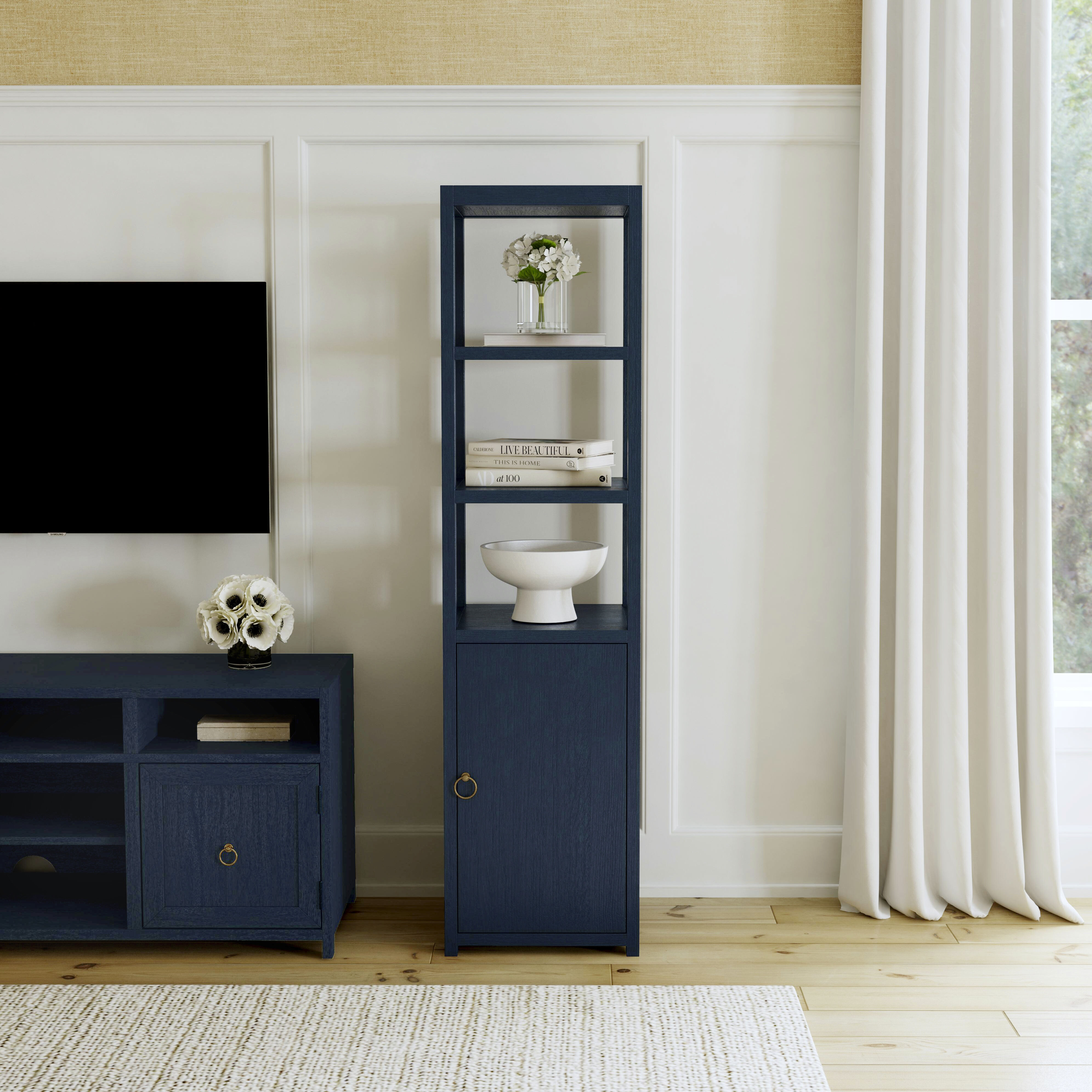3- Tier 1 Door Narrow  Etagere Bookcase in Navy Blue