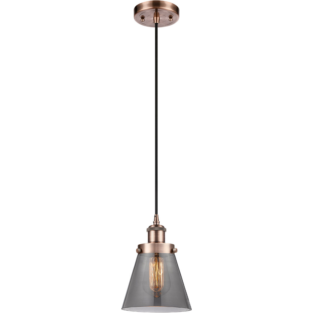 Ballston Small Cone 1 Light 6 inch Antique Copper Mini Pendant Ceiling Light in Plated Smoke Glass