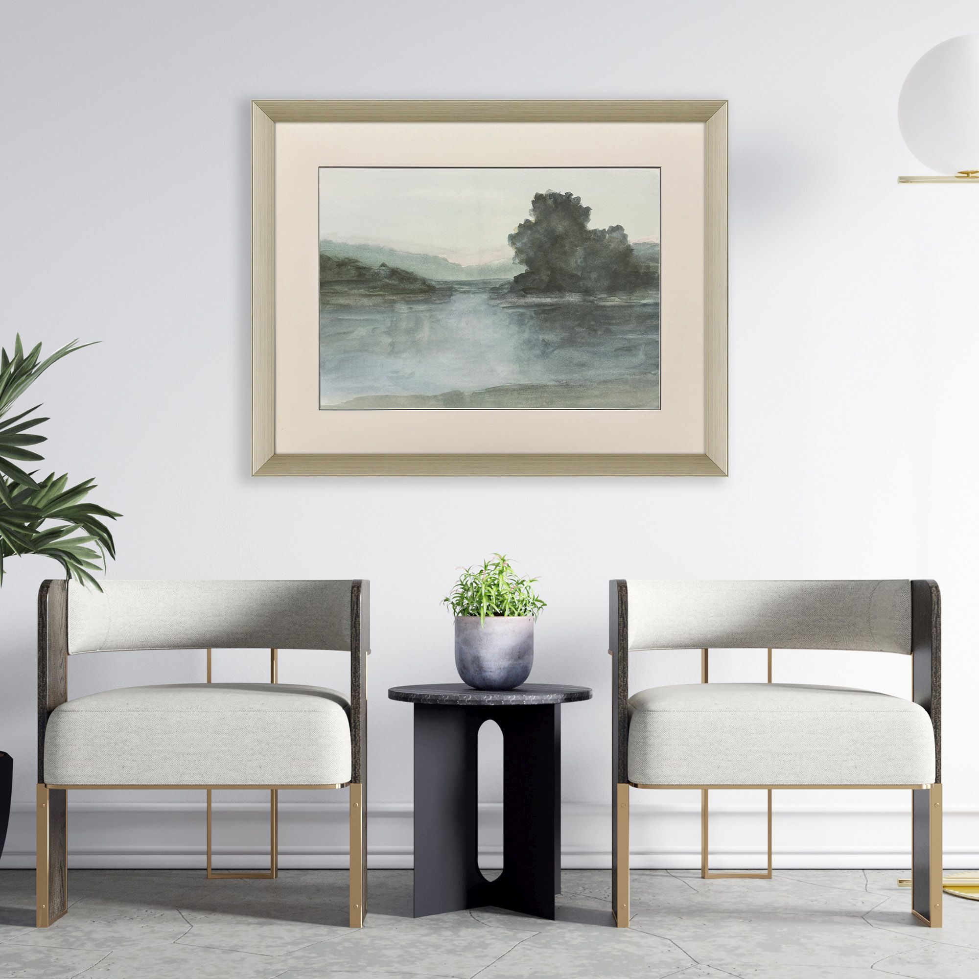 Lake at Twilight Green and Blue and White Framed Art