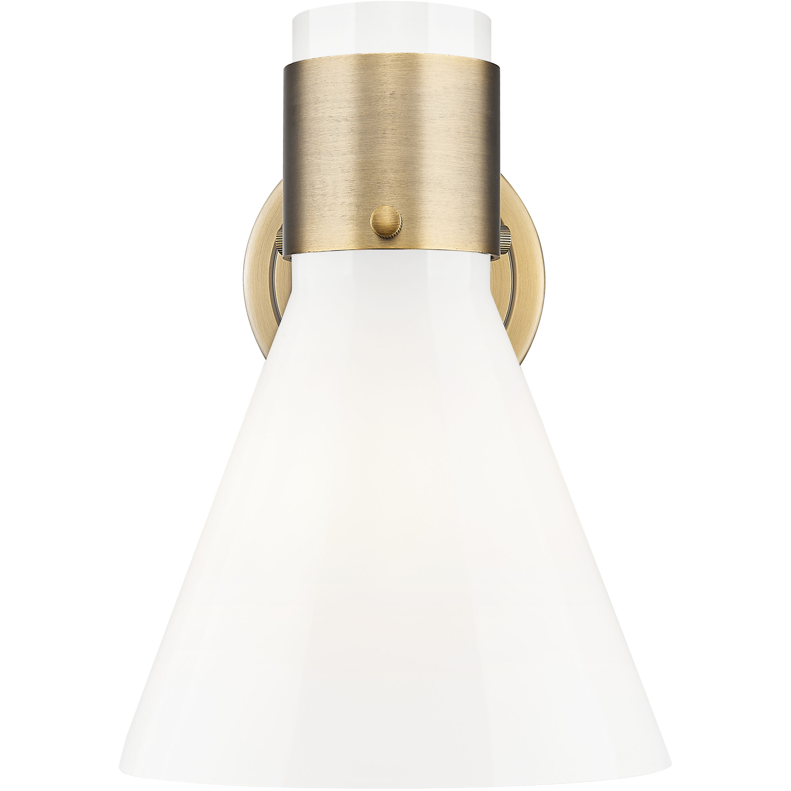 Lawton Cone Sconce Wall Light in Brushed Brass, Gloss White Glass