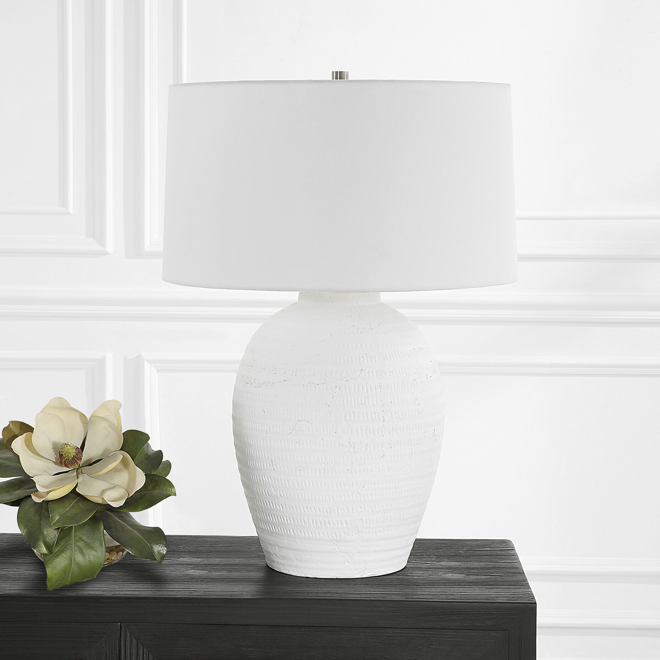 Reyna 28.5 inch 150.00 watt Chalk White Glaze and Brushed Nickel Table Lamp Portable Light