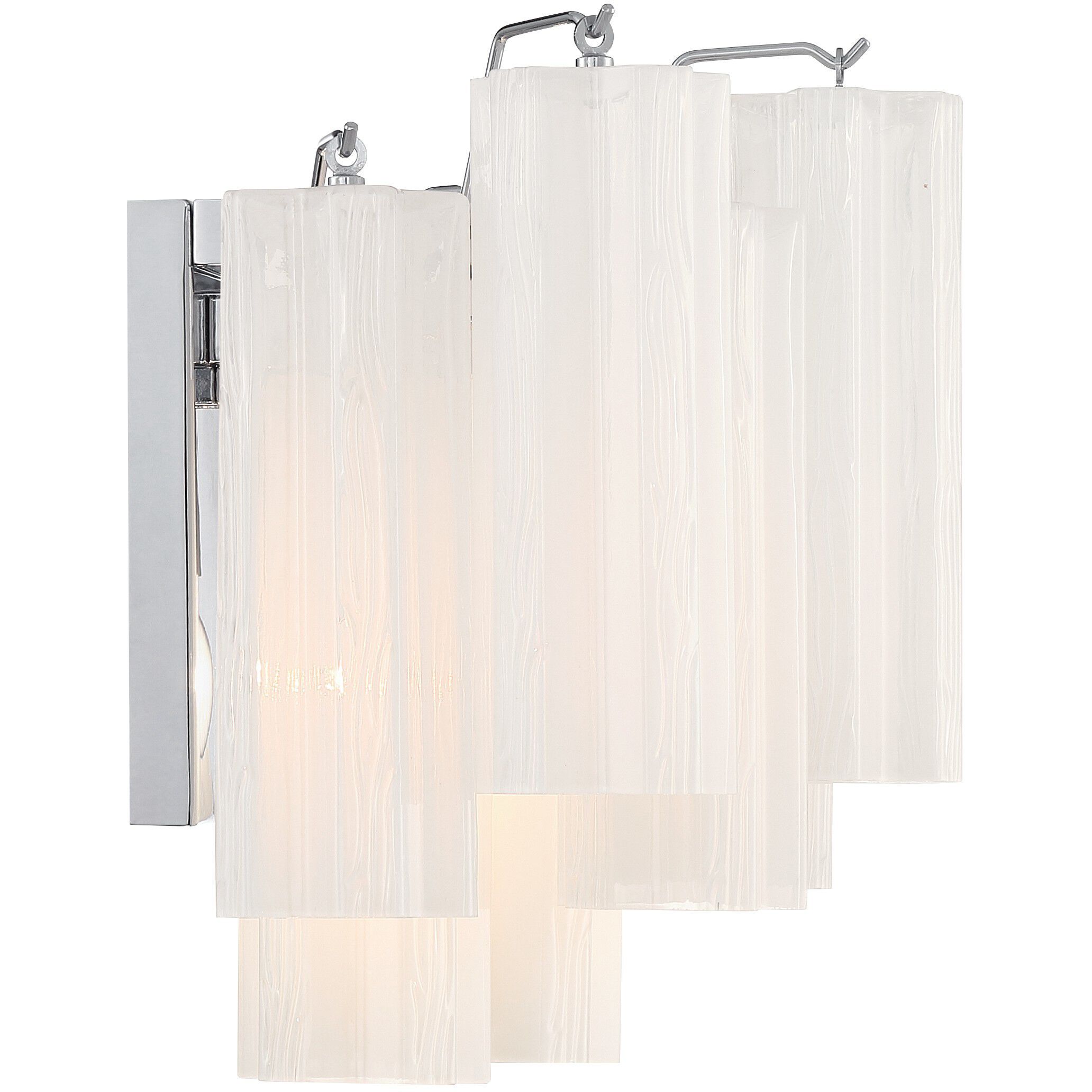 Addis Bath Wall Light in Polished Chrome, Tronchi Glass White