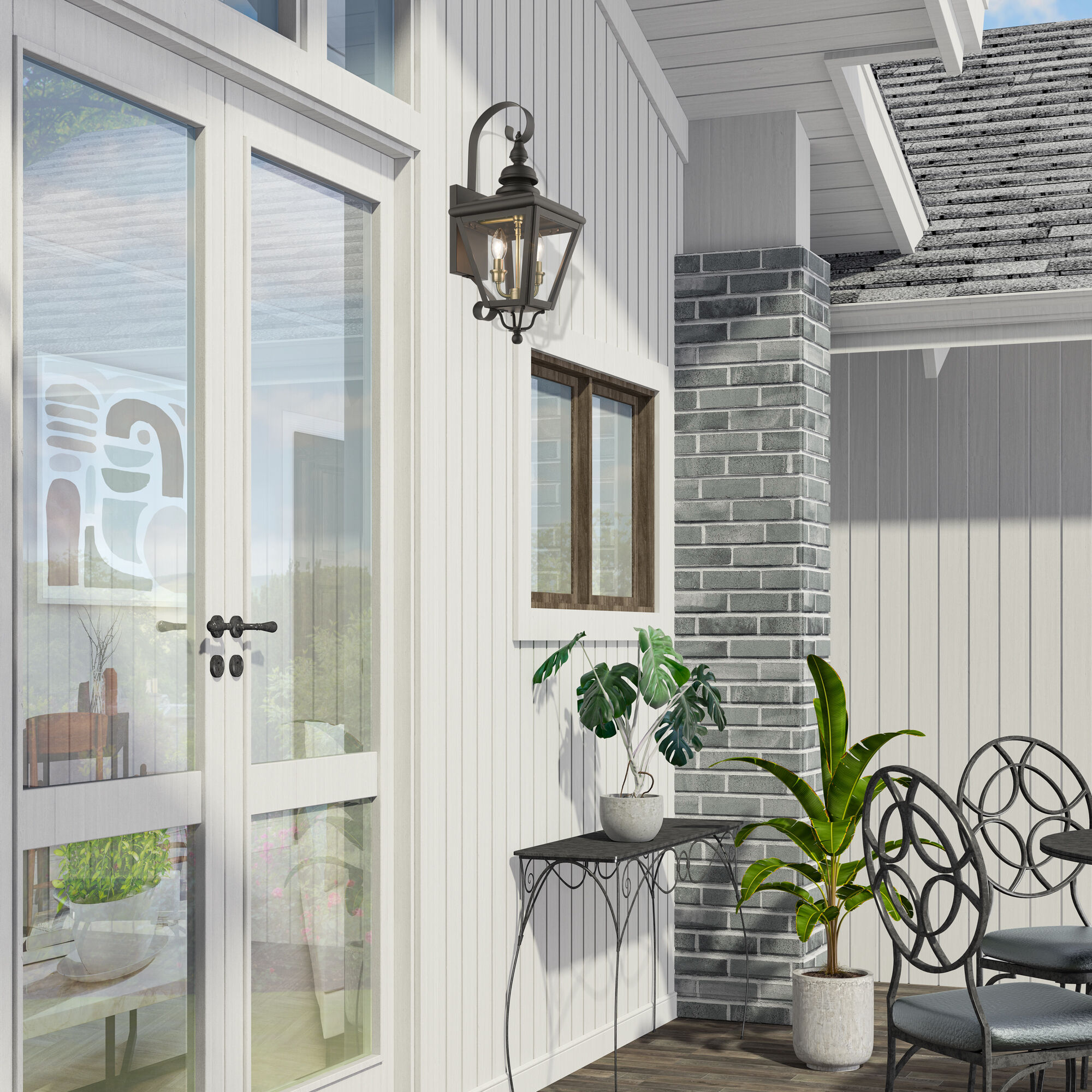 Adams 2 Light 21.5 inch Bronze with Antique Brass Finish Cluster Outdoor Wall Lantern in Bronze with Antique Brass Accent, Medium