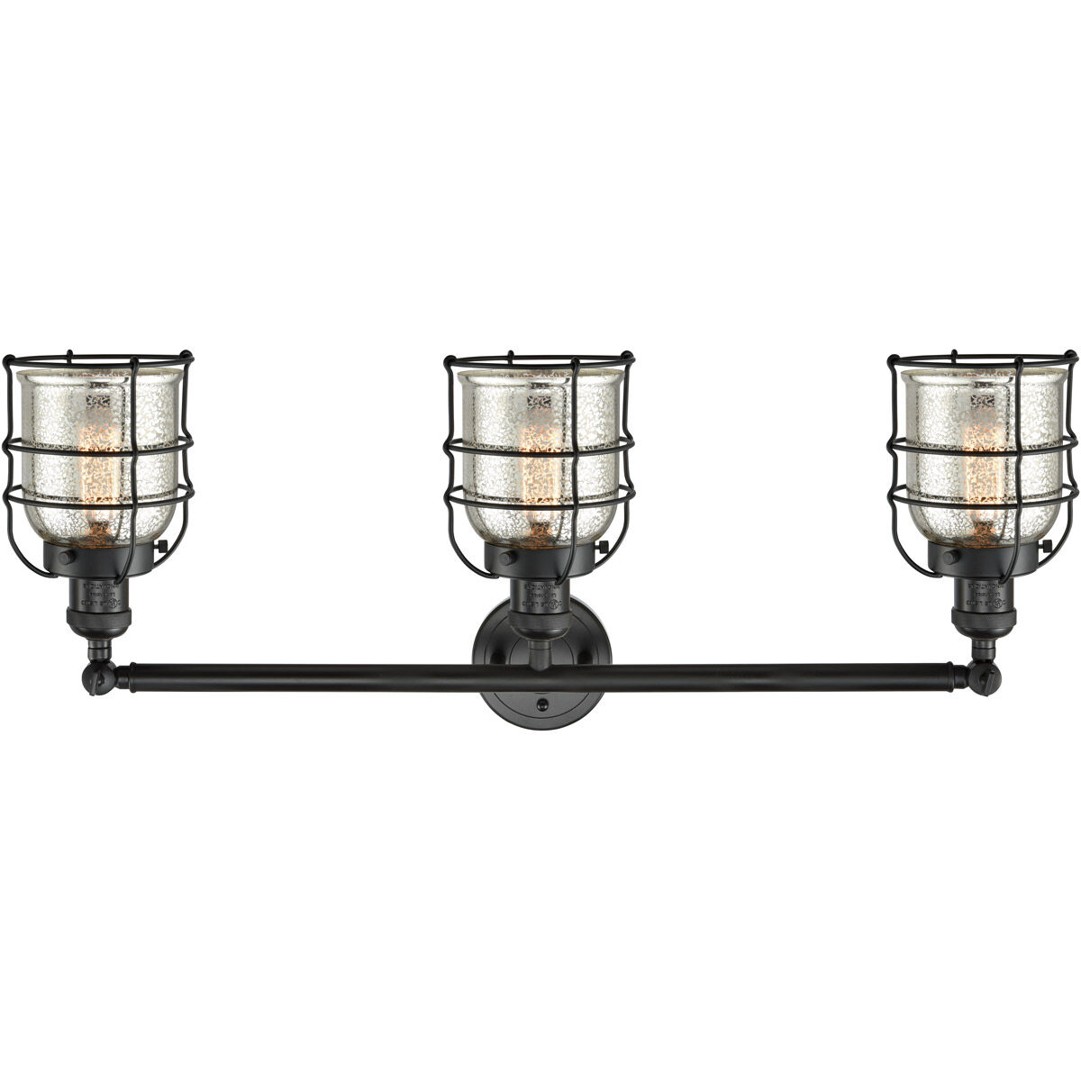 Franklin Restoration Small Bell Cage 3 Light 31 inch Matte Black Bath Vanity Light Wall Light in Silver Plated Mercury Glass, Franklin Restoration